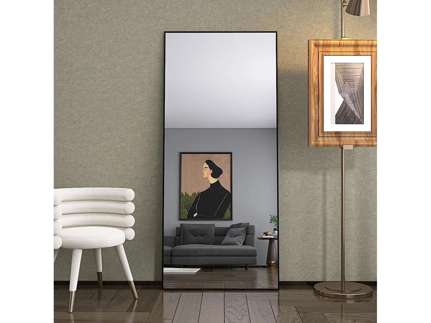 Miroir sur pied - Cadre en métal - 180 x 80 cm - rectangle - pour salon ou dressing - noir