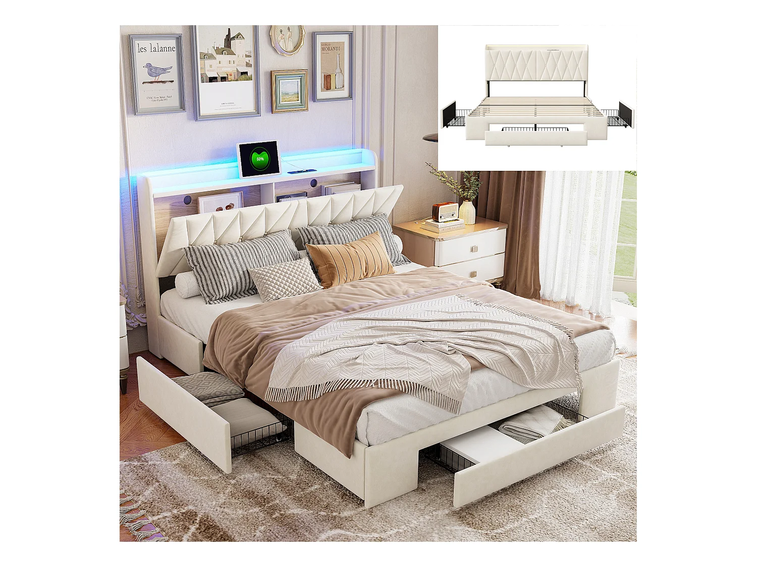 Lit 160x200cm avec 3 tiroirs + LED + Recharge USB et Type-C - Tissu velours - Lit double avec avec sommier à lattes - Beige