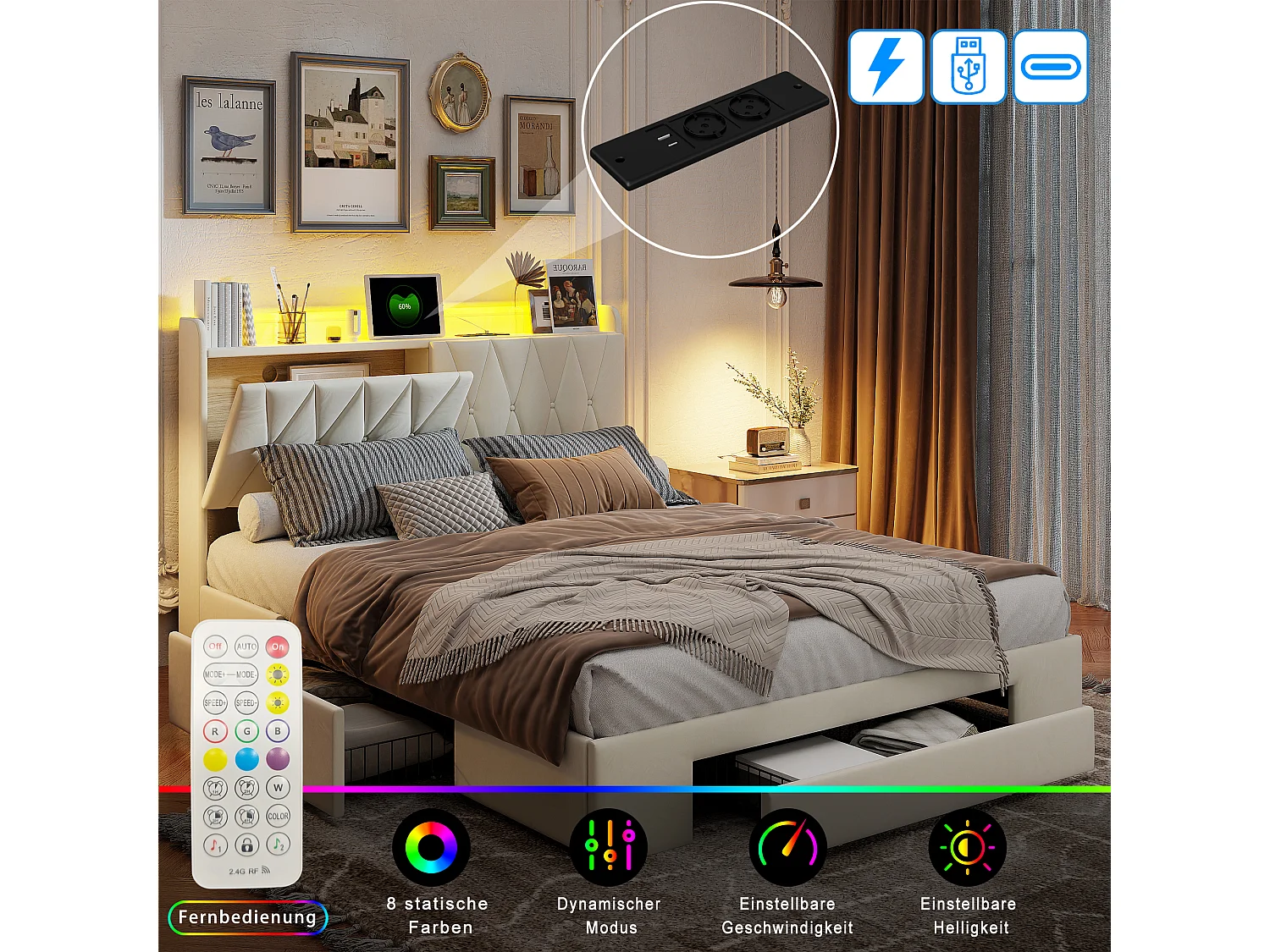 Lit 160x200cm avec 3 tiroirs + LED + Recharge USB et Type-C - Tissu velours - Lit double avec avec sommier à lattes - Beige