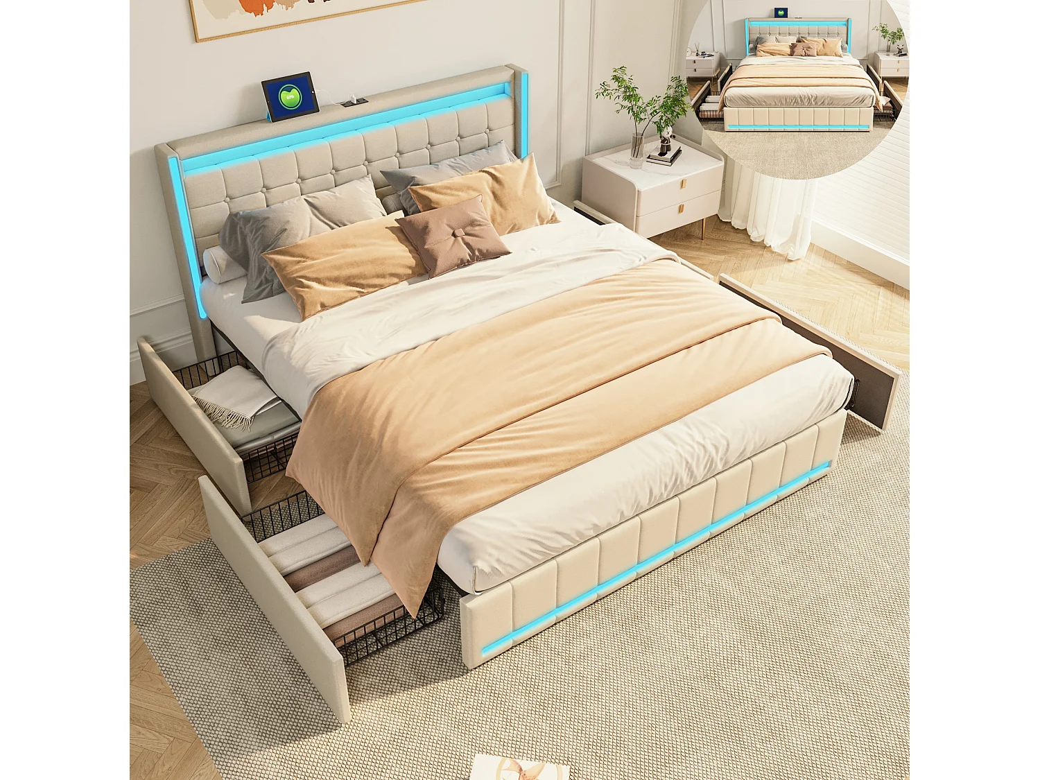 Lit Double 140x200cm - avec Éclairage LED et Charge USB - 4 Tiroirs -  Lin - Beige