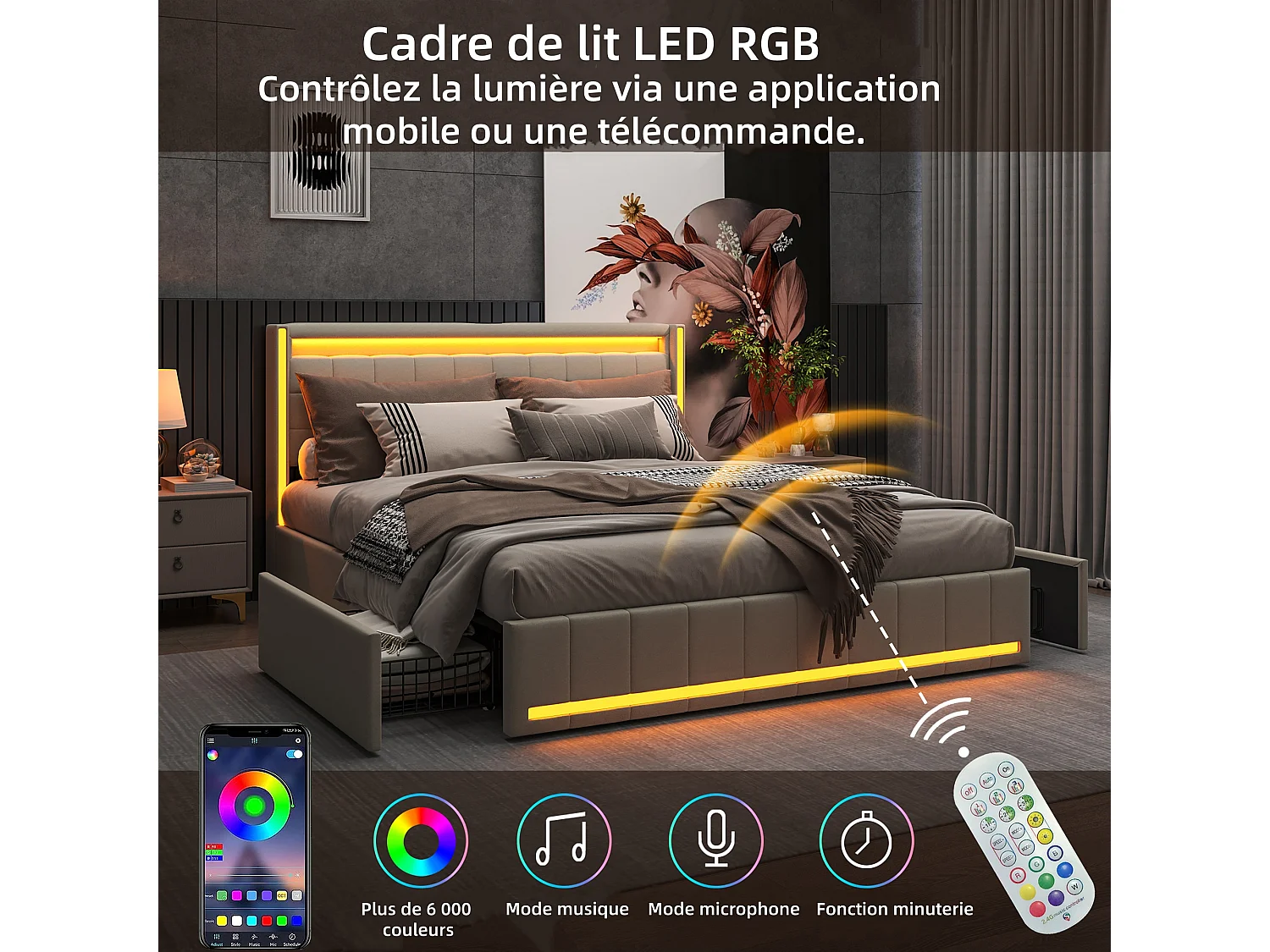Lit Double 140x200cm - avec Éclairage LED et Charge USB - 4 Tiroirs -  Lin - Beige
