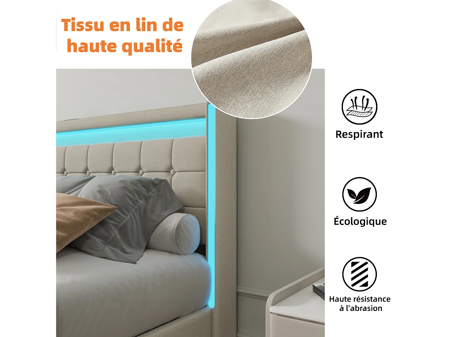 Lit Double 140x200cm - avec Éclairage LED et Charge USB - 4 Tiroirs -  Lin - Beige