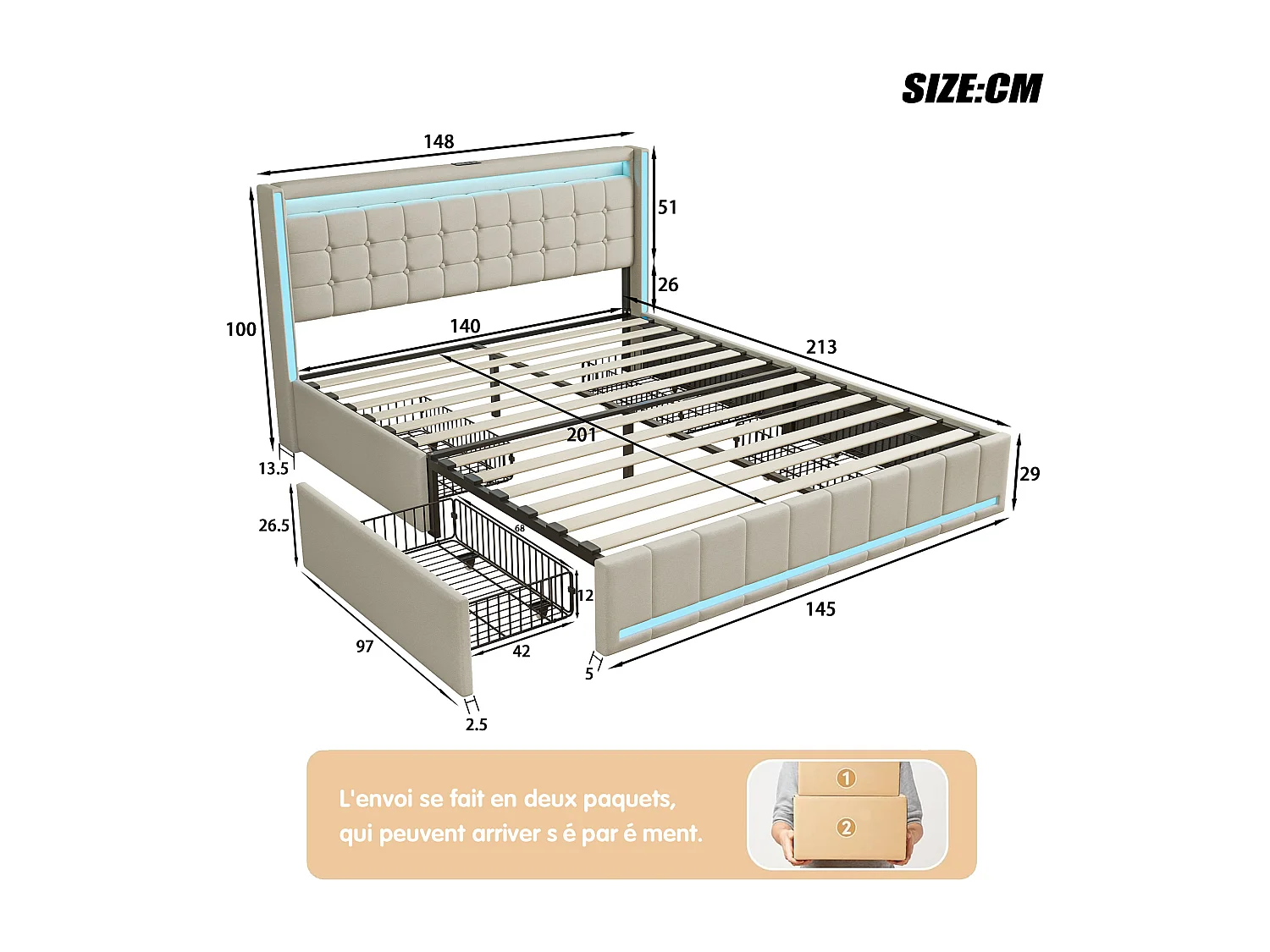 Lit Double 140x200cm - avec Éclairage LED et Charge USB - 4 Tiroirs -  Lin - Beige
