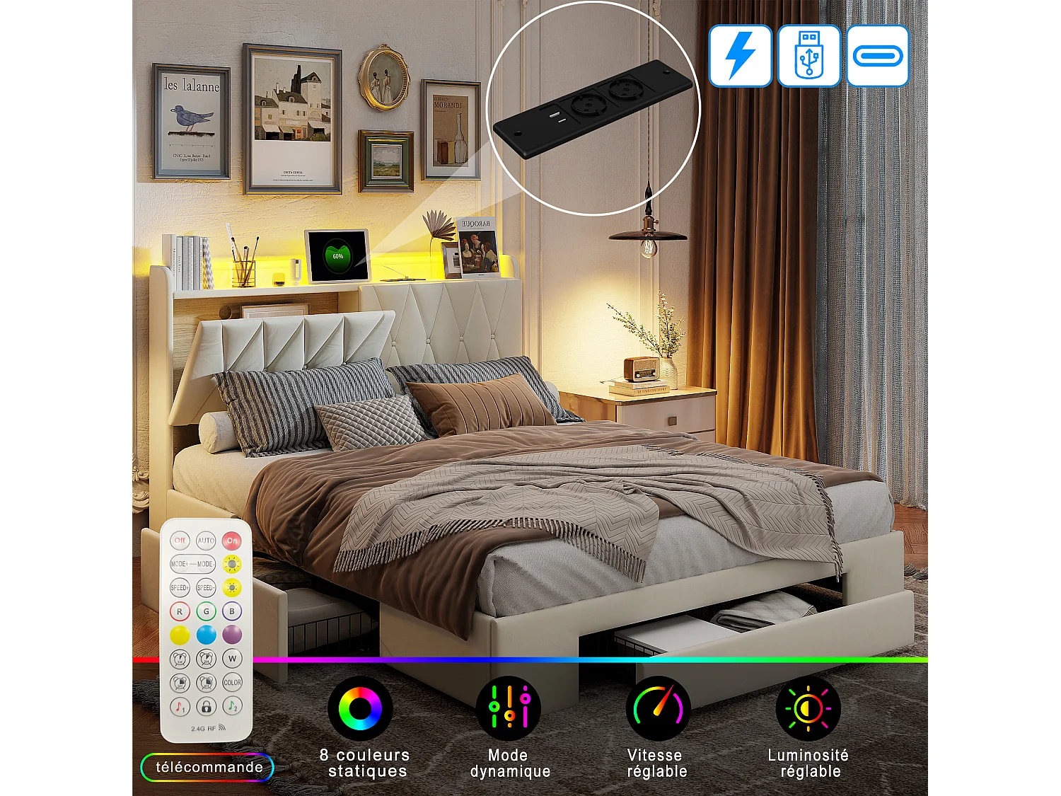 Cama de casal de 140x200cm com 3 gavetas, iluminação LED, carregamento USB e Tipo-C, tecido aveludado e estrado de ripas na cor bege.
