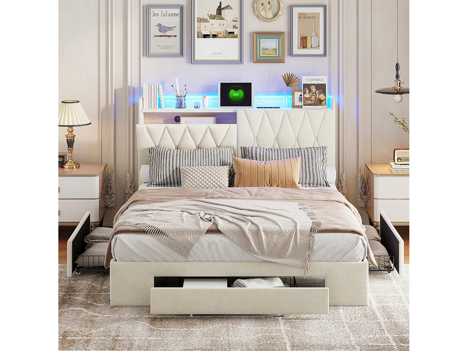Cama de casal de 140x200cm com 3 gavetas, iluminação LED, carregamento USB e Tipo-C, tecido aveludado e estrado de ripas na cor bege.