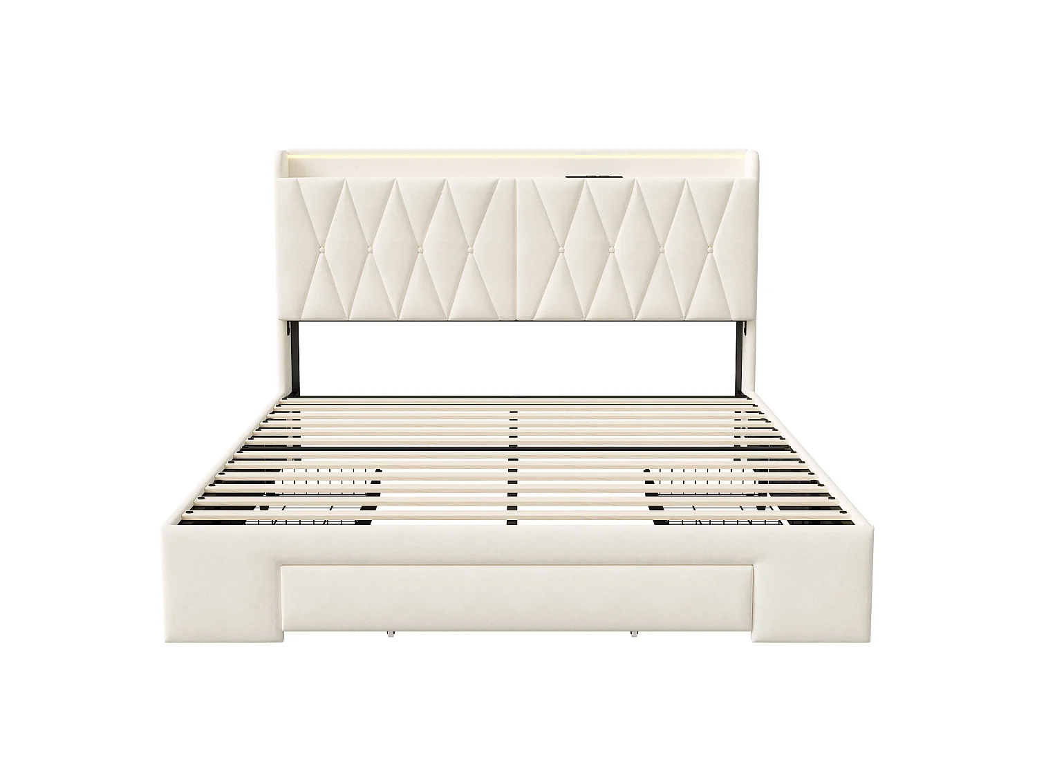 Cama de casal de 140x200cm com 3 gavetas, iluminação LED, carregamento USB e Tipo-C, tecido aveludado e estrado de ripas na cor bege.