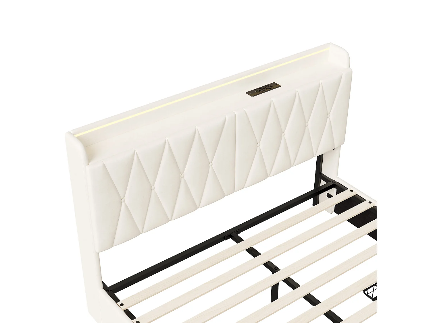 Cama de casal de 140x200cm com 3 gavetas, iluminação LED, carregamento USB e Tipo-C, tecido aveludado e estrado de ripas na cor bege.