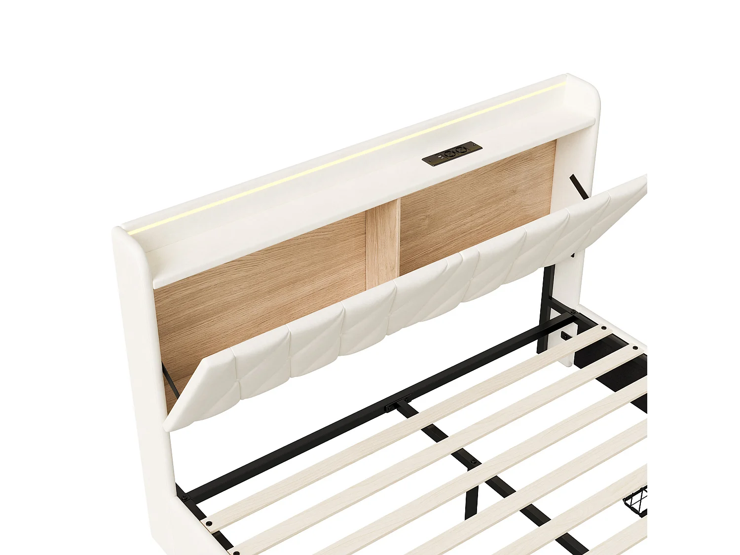 Cama de casal de 140x200cm com 3 gavetas, iluminação LED, carregamento USB e Tipo-C, tecido aveludado e estrado de ripas na cor bege.