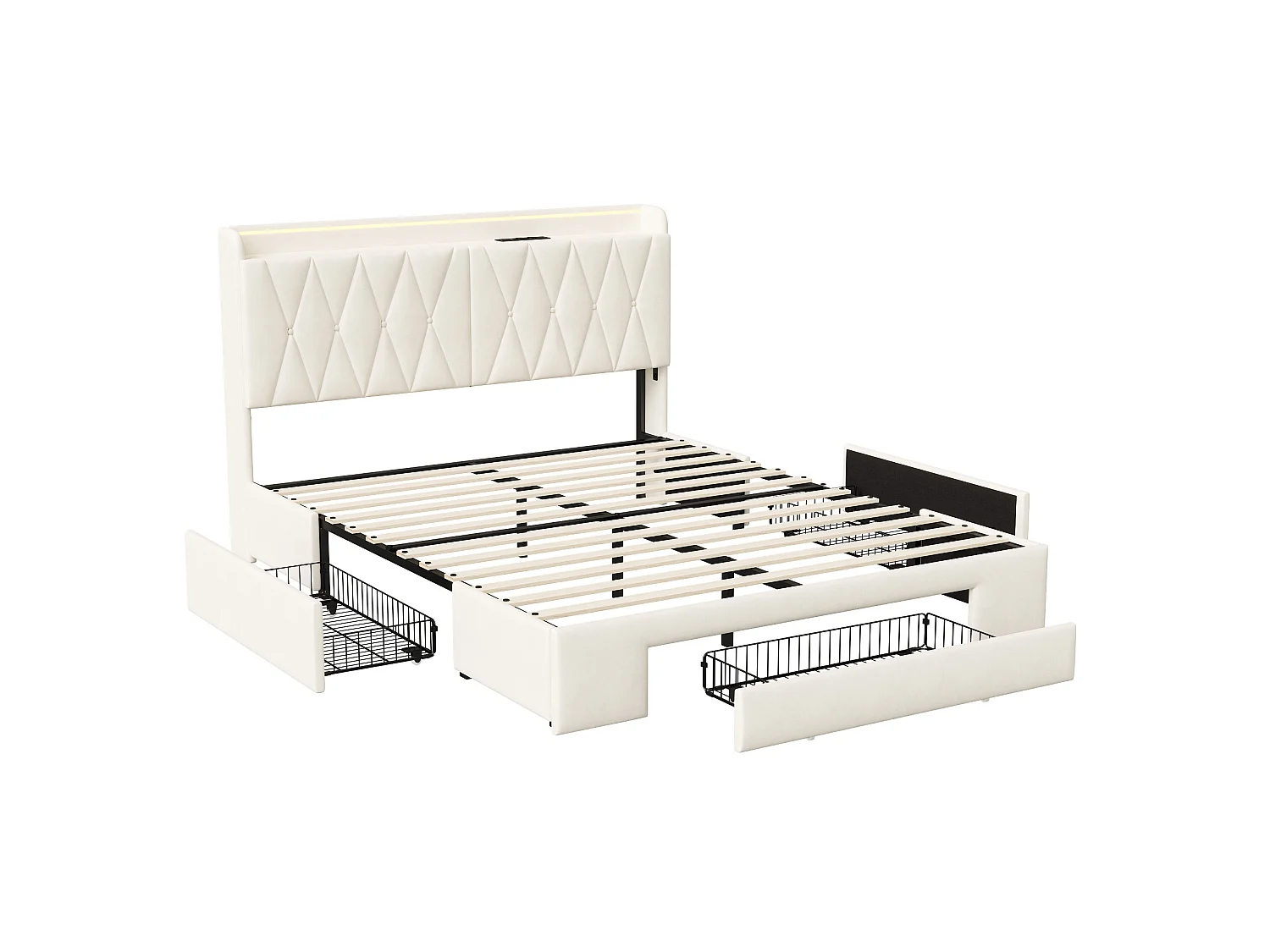 Cama de casal de 140x200cm com 3 gavetas, iluminação LED, carregamento USB e Tipo-C, tecido aveludado e estrado de ripas na cor bege.