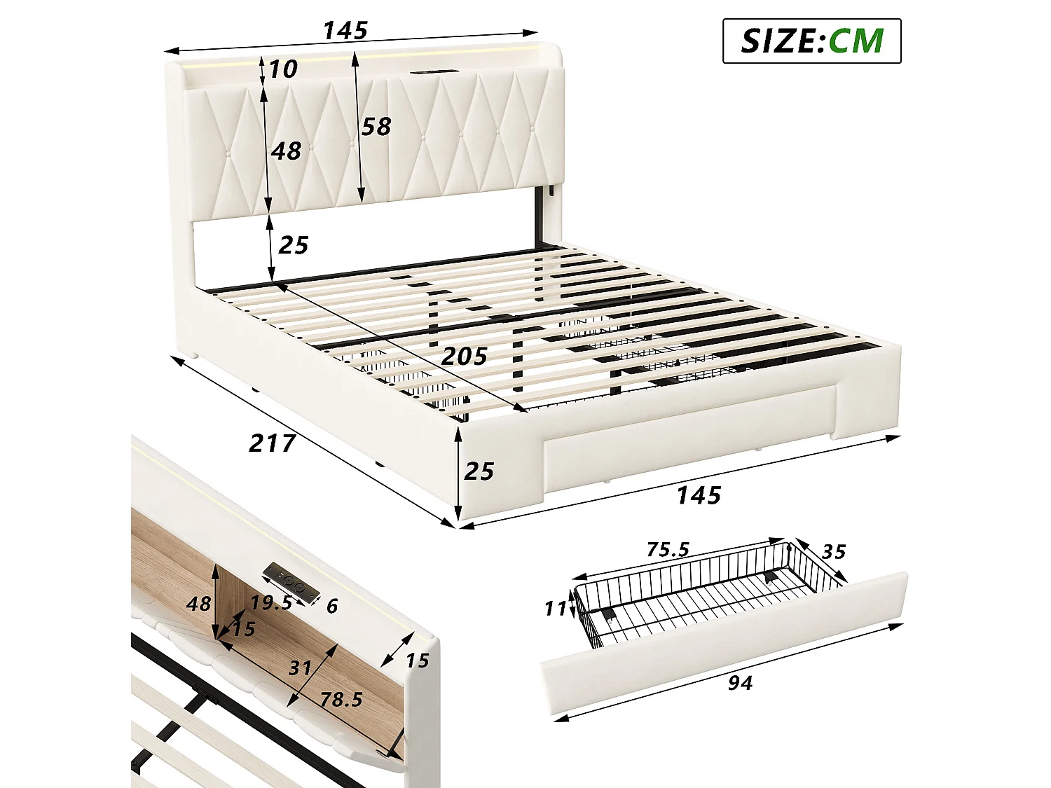 Cama de casal de 140x200cm com 3 gavetas, iluminação LED, carregamento USB e Tipo-C, tecido aveludado e estrado de ripas na cor bege.