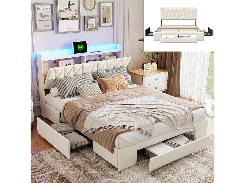Lit 140x200cm - avec 3 tiroirs - LED + Recharge USB et Type-C - Tissu velours - Lit double avec avec sommier à lattes - Beige