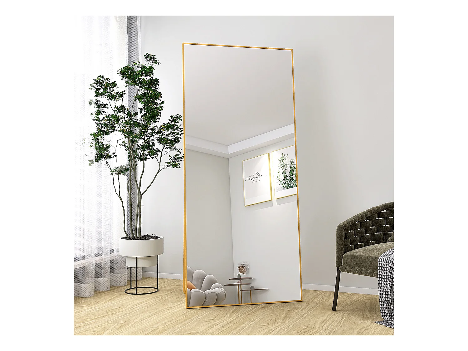 Miroir sur pied - Cadre en métal - 180 x 80 cm - Rectangulaire - pour salon ou dressing - Or
