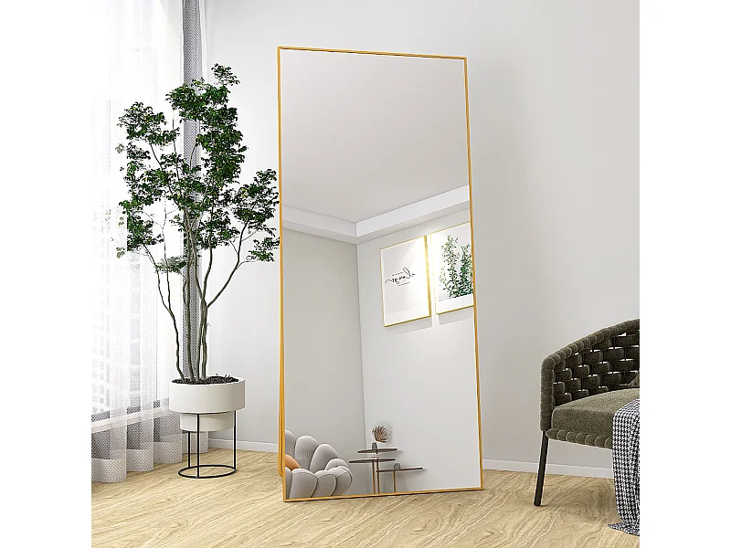 Miroir sur pied - Cadre en métal - 180 x 80 cm - Rectangulaire - pour salon ou dressing - Or