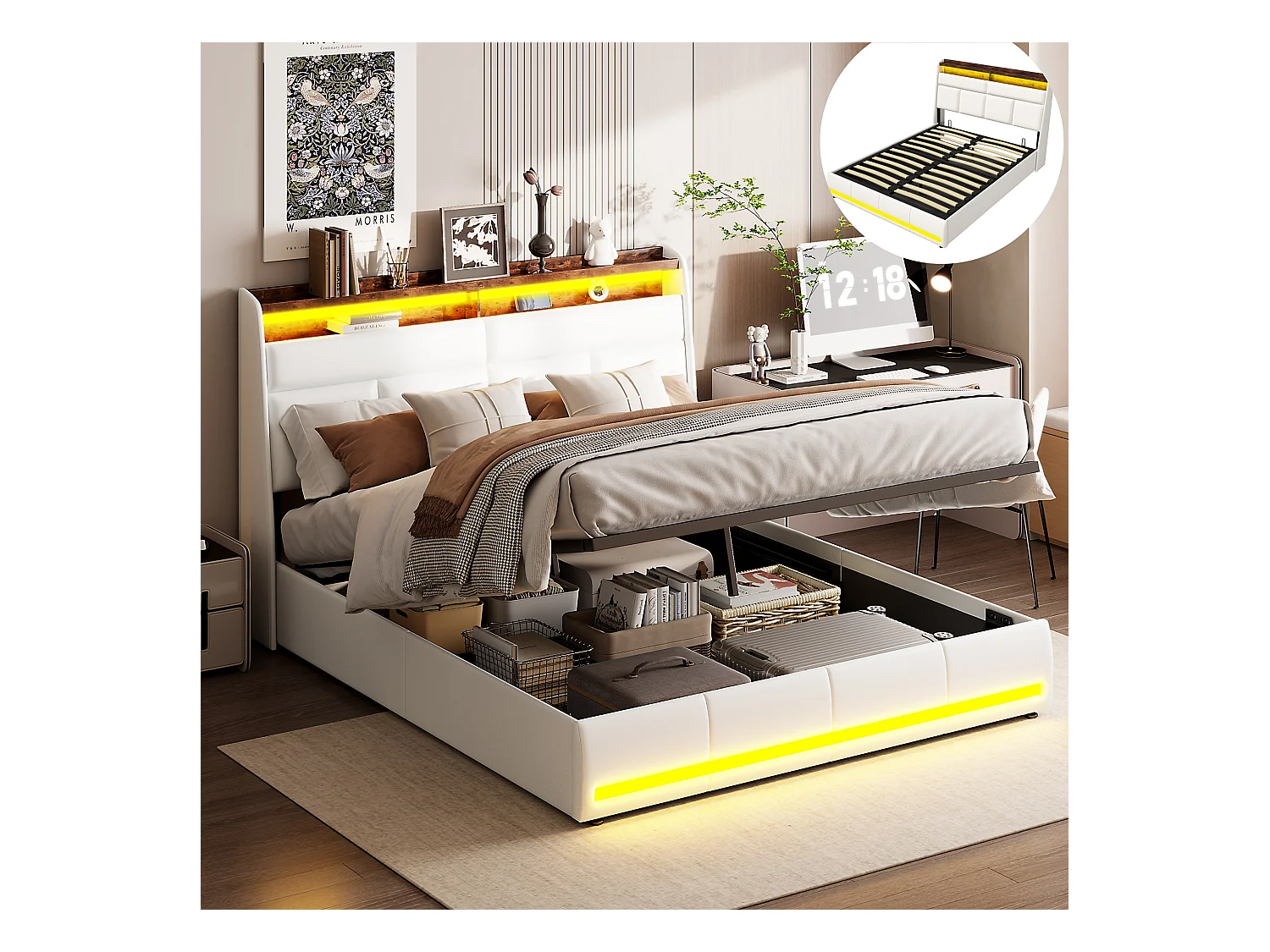 Lit Coffre 160x200, Lit Double avec Rangement, lit 160 x 200 cm avec Sommier LED et USB, Lits Rembourré Cadre de Lits avec à Lattes,PU sans Matelas, Blanc