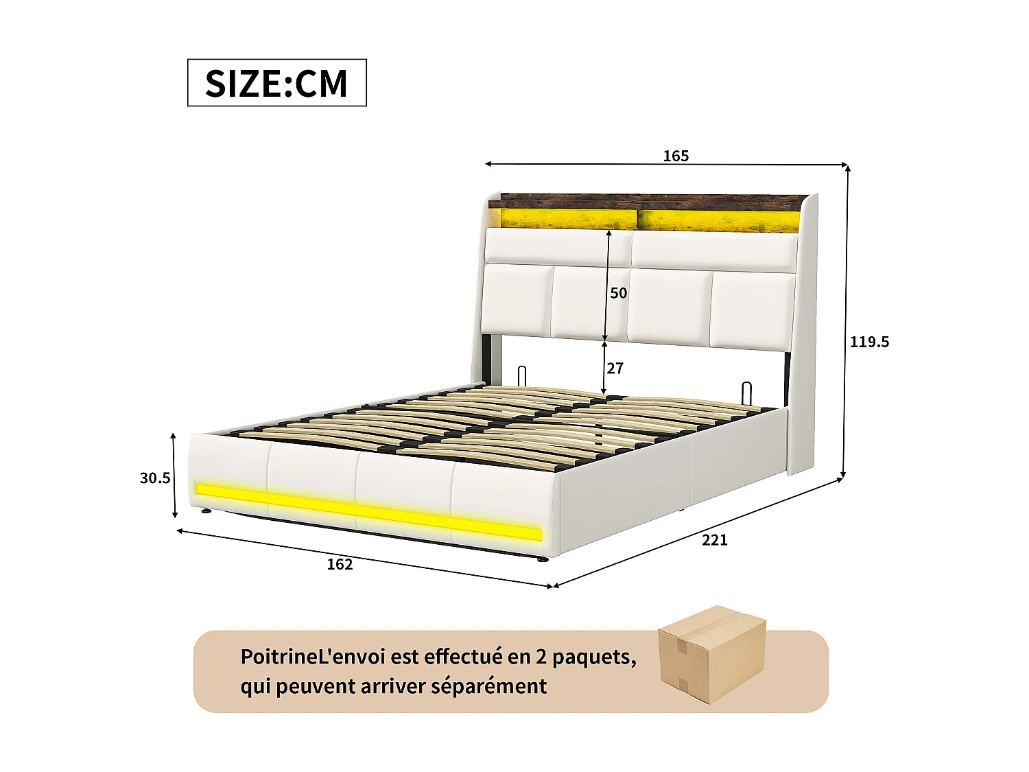 Lit Coffre 160x200, Lit Double avec Rangement, lit 160 x 200 cm avec Sommier LED et USB, Lits Rembourré Cadre de Lits avec à Lattes,PU sans Matelas, Blanc