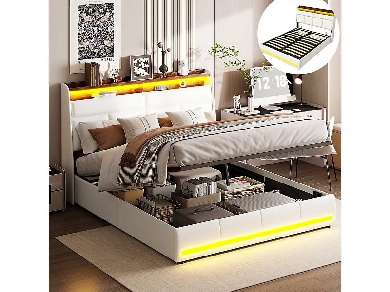Lit Coffre 160x200 - LED et USB - PU - Lits Rembourré Cadre de Lits avec à Lattes - Blanc