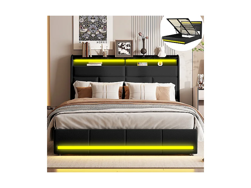 Lit Coffre 140x200, Lit Double avec Rangement, lit 140 x 200 cm avec Sommier LED et USB, Lits Rembourré Cadre de Lits avec à Lattes,PU sans Matelas, Noir