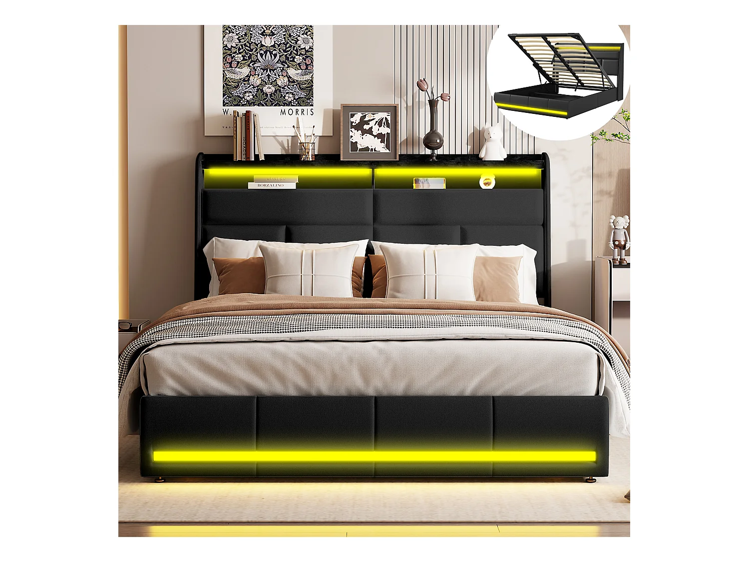 Lit Coffre 140x200, Lit Double avec Rangement, lit 140 x 200 cm avec Sommier LED et USB, Lits Rembourré Cadre de Lits avec à Lattes,PU sans Matelas, Noir