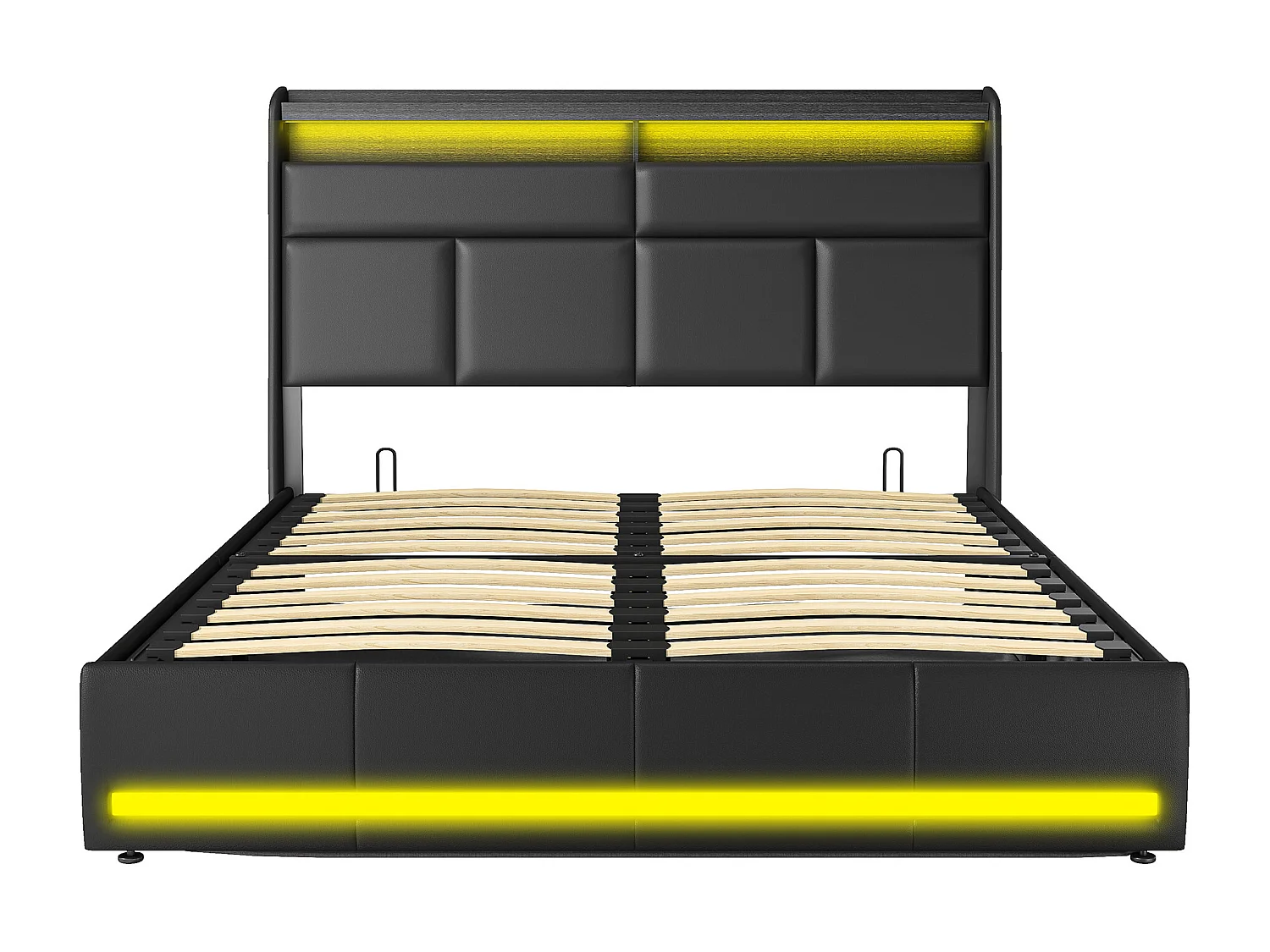 Lit Coffre 140x200, Lit Double avec Rangement, lit 140 x 200 cm avec Sommier LED et USB, Lits Rembourré Cadre de Lits avec à Lattes,PU sans Matelas, Noir