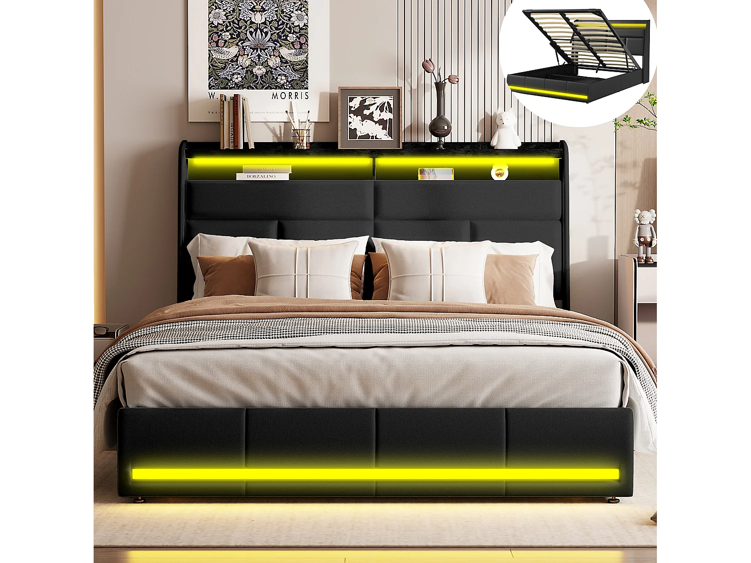 Lit Coffre 140x200 - avec LED et USB - PU - Noir - Lits Rembourré Cadre de Lits avec à Lattes - avec Rangement