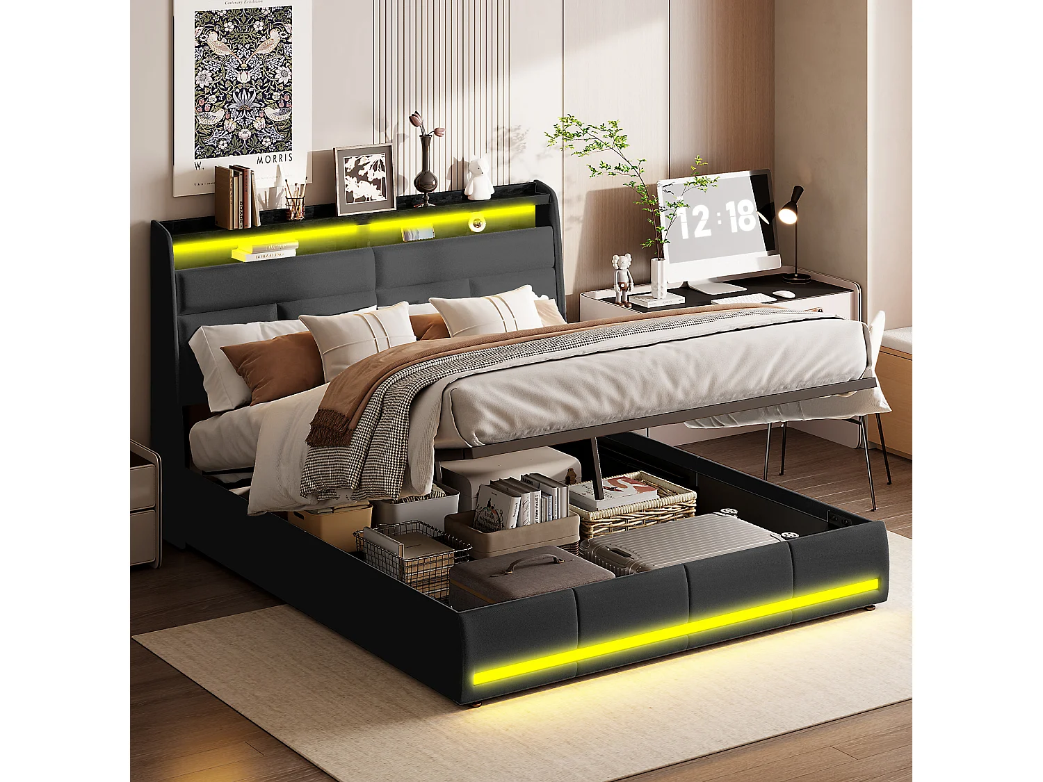 Lit Coffre 140x200 - avec LED et USB - PU - Noir - Lits Rembourré Cadre de Lits avec à Lattes - avec Rangement