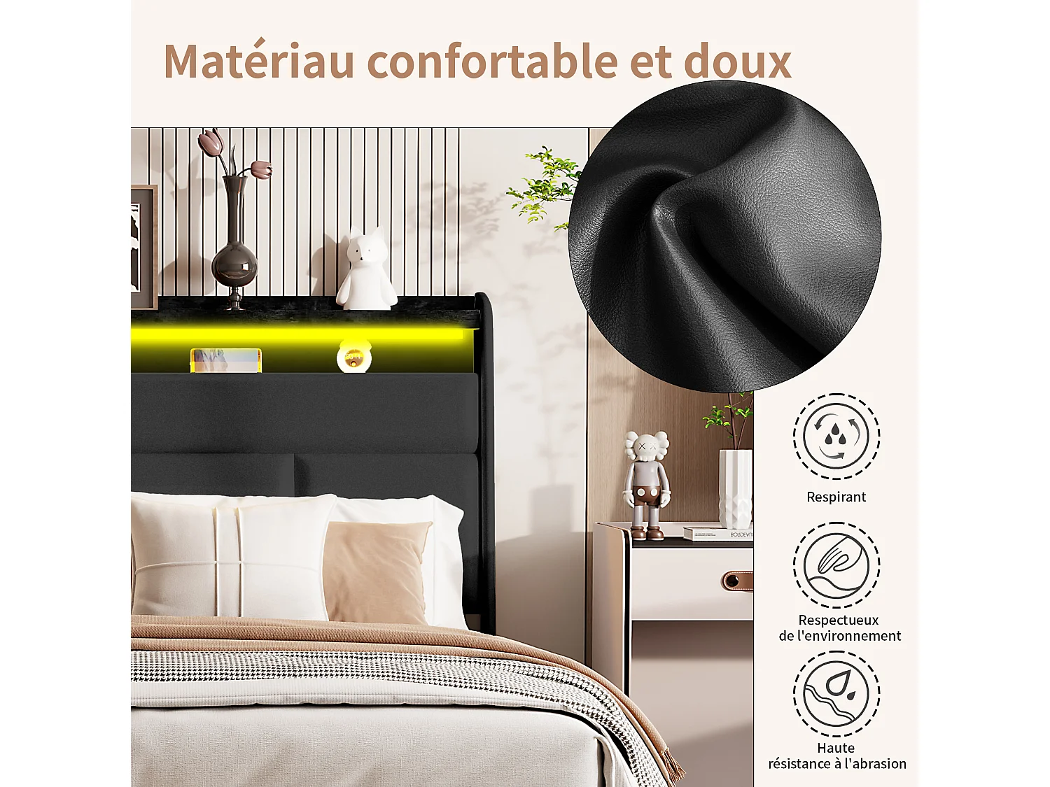 Lit Coffre 140x200 - avec LED et USB - PU - Noir - Lits Rembourré Cadre de Lits avec à Lattes - avec Rangement