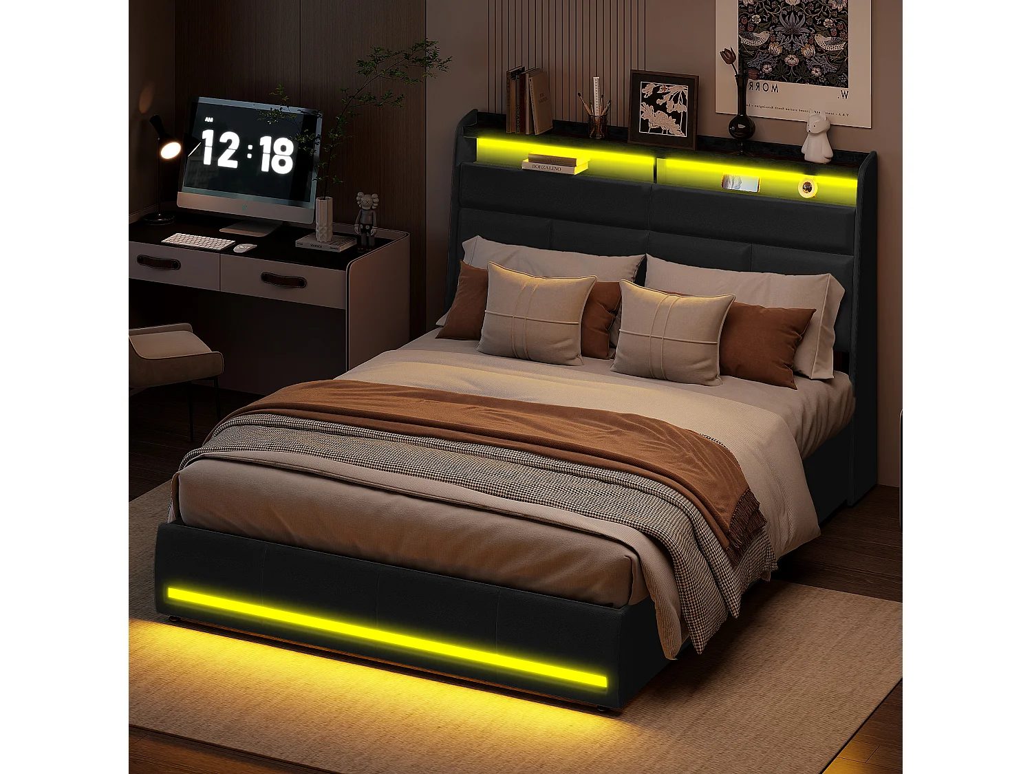 Lit Coffre 140x200 - avec LED et USB - PU - Noir - Lits Rembourré Cadre de Lits avec à Lattes - avec Rangement