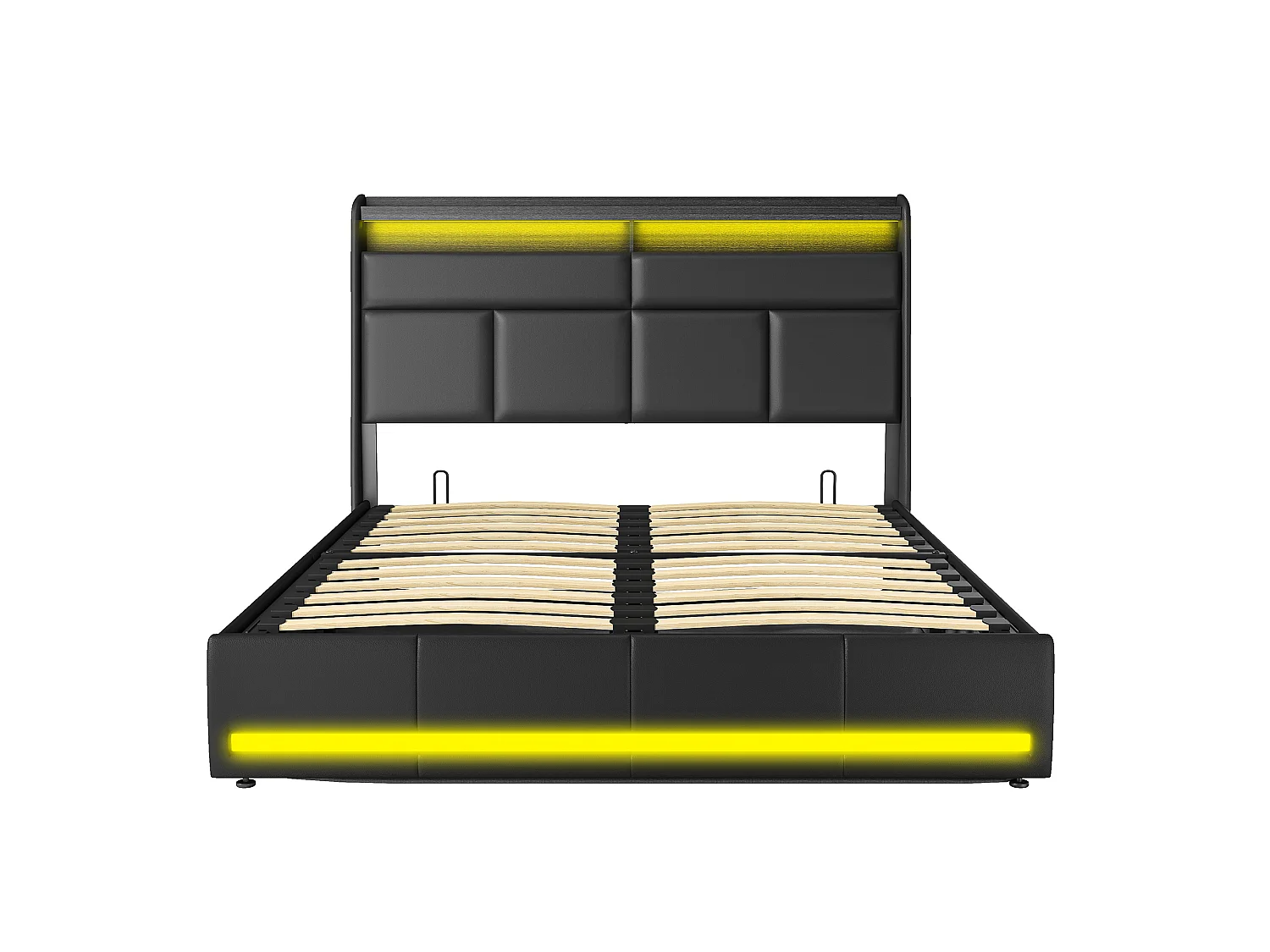 Lit Coffre 140x200 - avec LED et USB - PU - Noir - Lits Rembourré Cadre de Lits avec à Lattes - avec Rangement