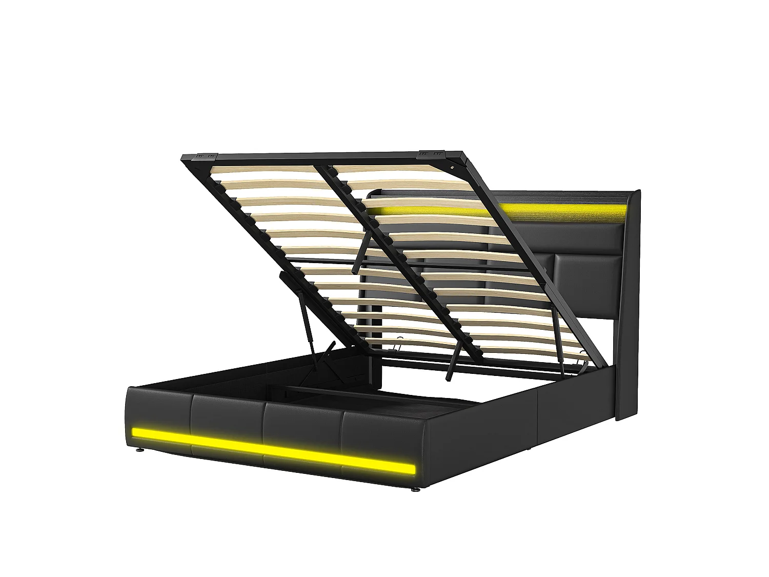 Lit Coffre 140x200 - avec LED et USB - PU - Noir - Lits Rembourré Cadre de Lits avec à Lattes - avec Rangement