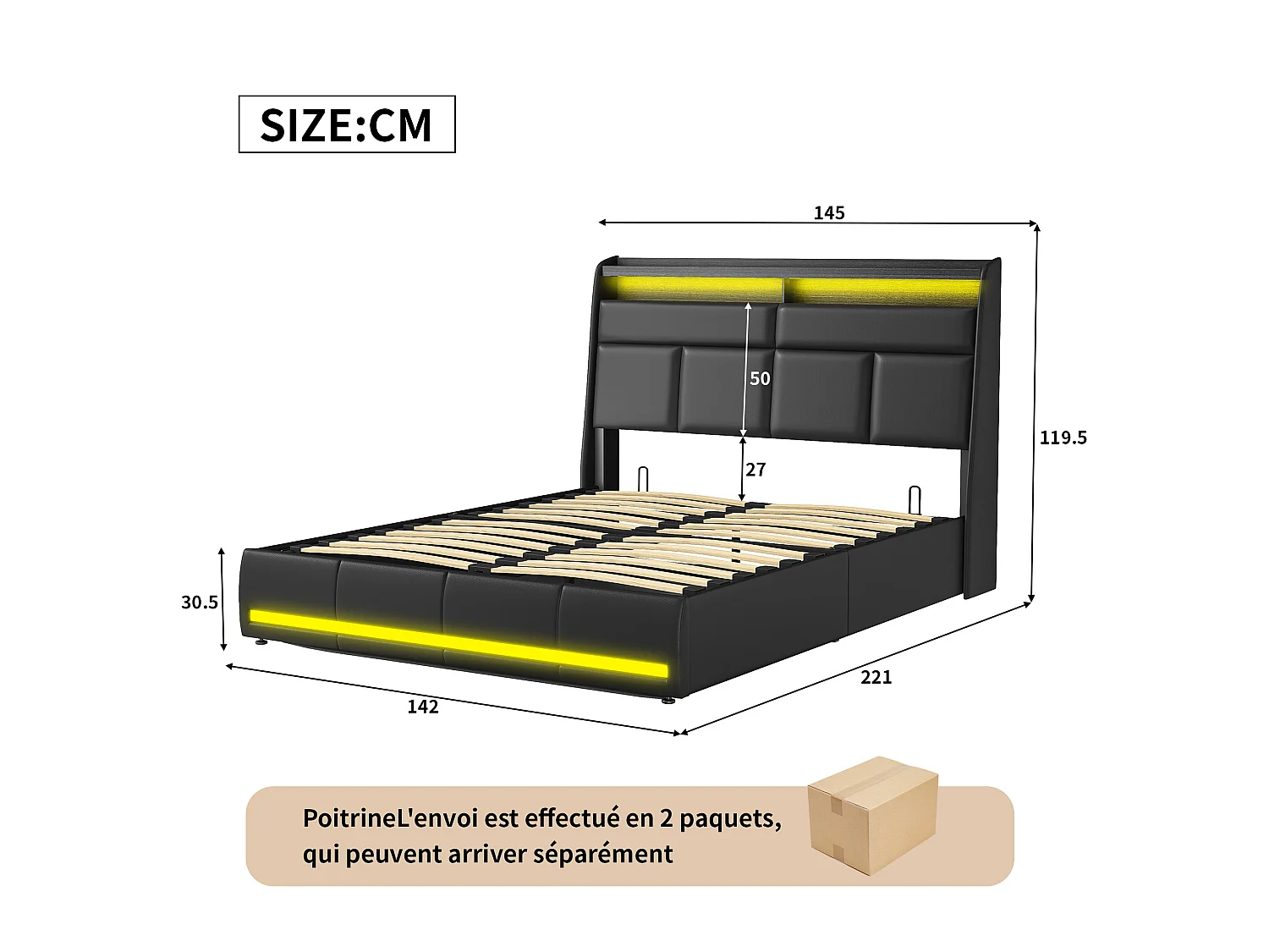 Lit Coffre 140x200 - avec LED et USB - PU - Noir - Lits Rembourré Cadre de Lits avec à Lattes - avec Rangement