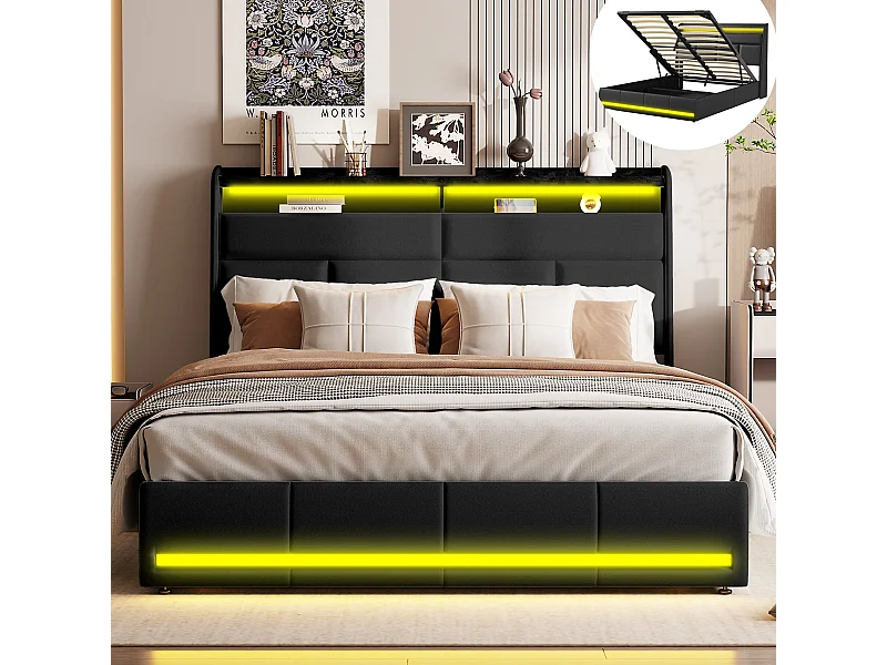 Lit Coffre 140x200 - avec LED et USB - PU - Noir - Lits Rembourré Cadre de Lits avec à Lattes - avec Rangement
