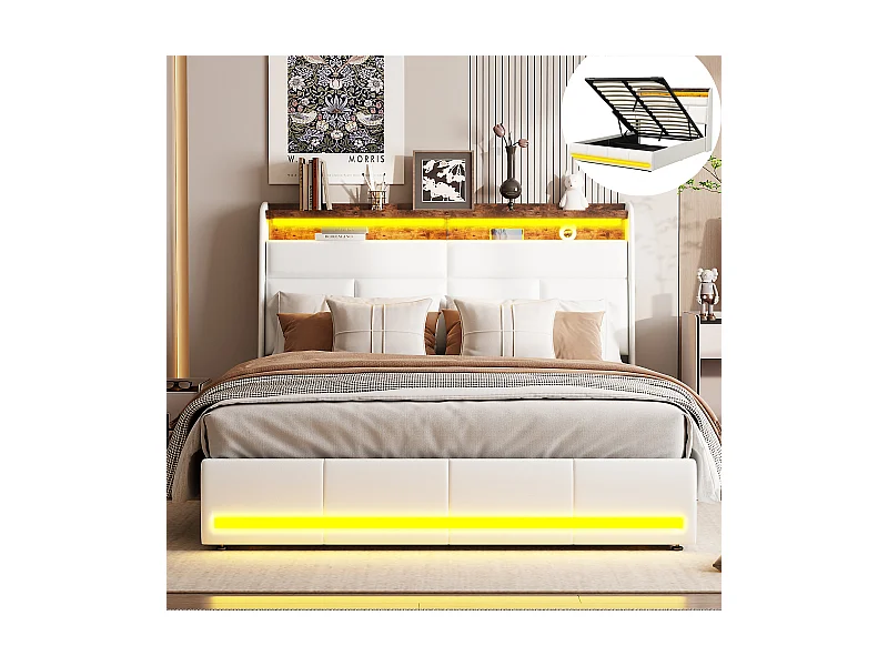 Lit Coffre 140x200, Lit Double avec Rangement, lit 140 x 200 cm avec Sommier LED et USB, Lits Rembourré Cadre de Lits avec à Lattes,PU sans Matelas, Blanc