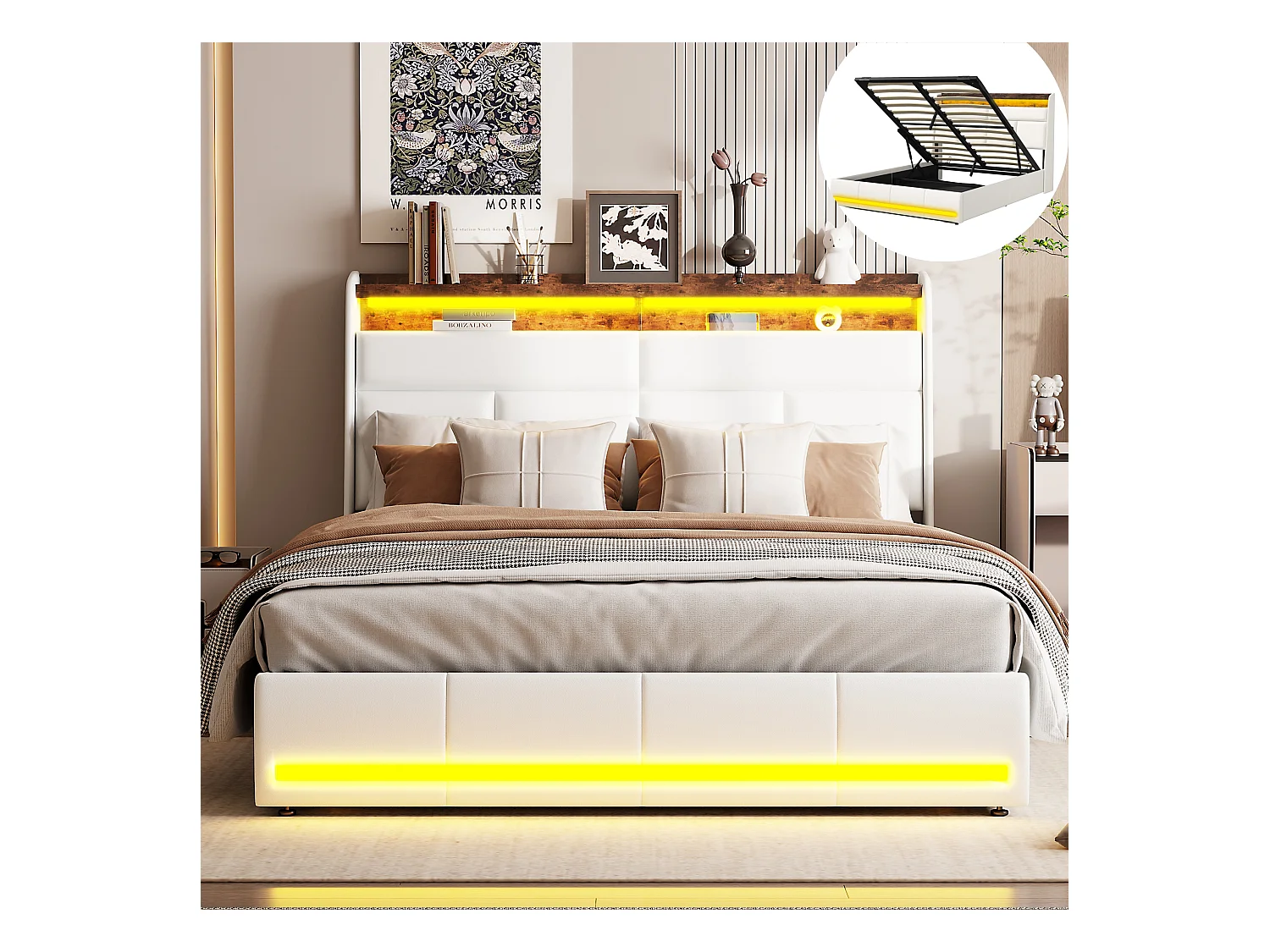 Lit Coffre 140x200, Lit Double avec Rangement, lit 140 x 200 cm avec Sommier LED et USB, Lits Rembourré Cadre de Lits avec à Lattes,PU sans Matelas, Blanc