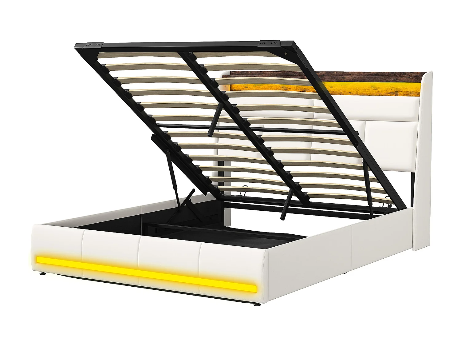 Lit Coffre 140x200, Lit Double avec Rangement, lit 140 x 200 cm avec Sommier LED et USB, Lits Rembourré Cadre de Lits avec à Lattes,PU sans Matelas, Blanc