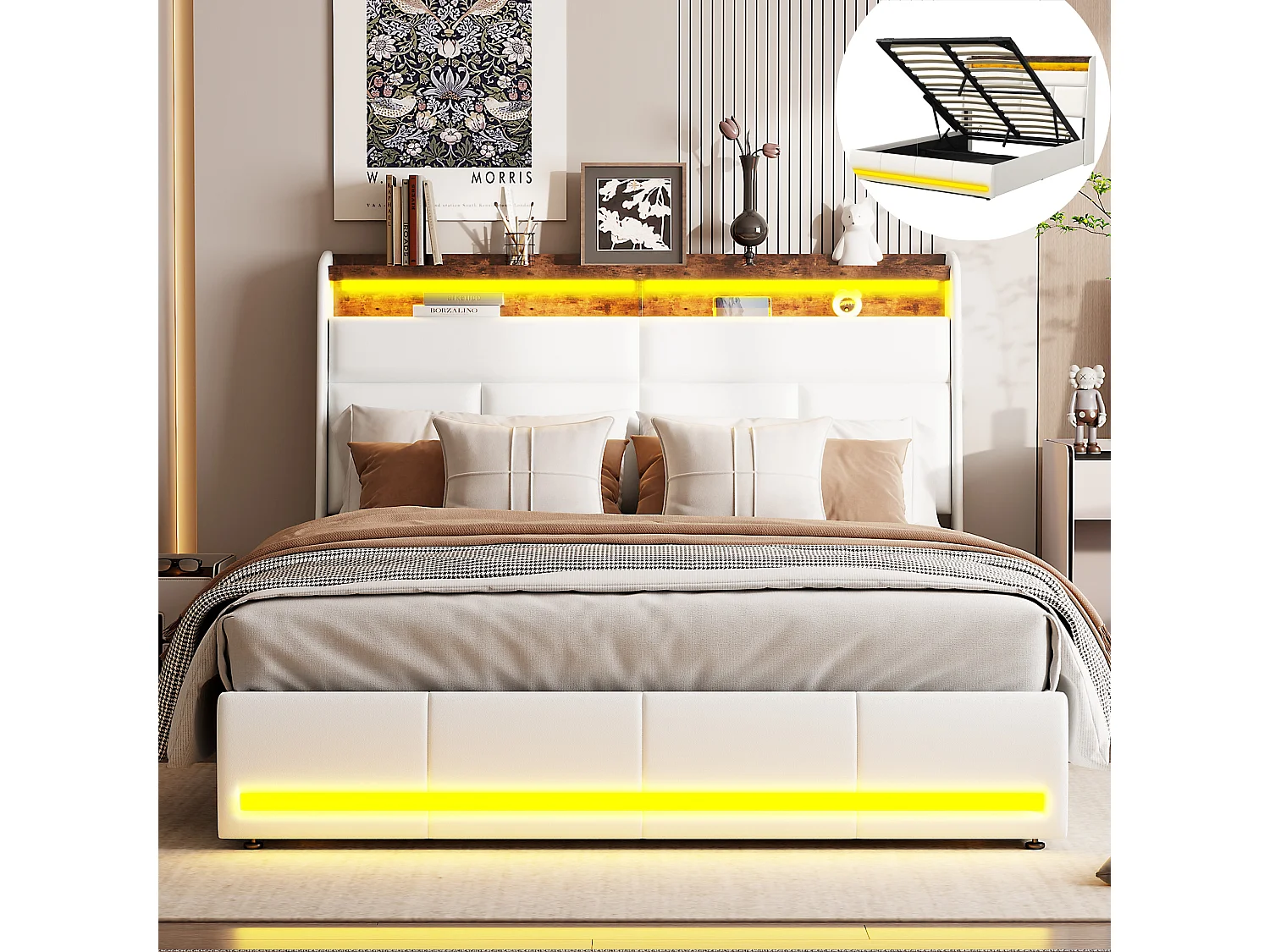 Lit Coffre 140x200 - LED et USB - PU - Lits Rembourré Cadre de Lits avec à Lattes - Blanc