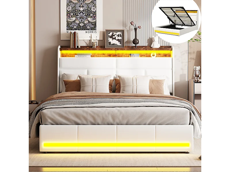 Lit Coffre 140x200 - LED et USB - PU - Lits Rembourré Cadre de Lits avec à Lattes - Blanc