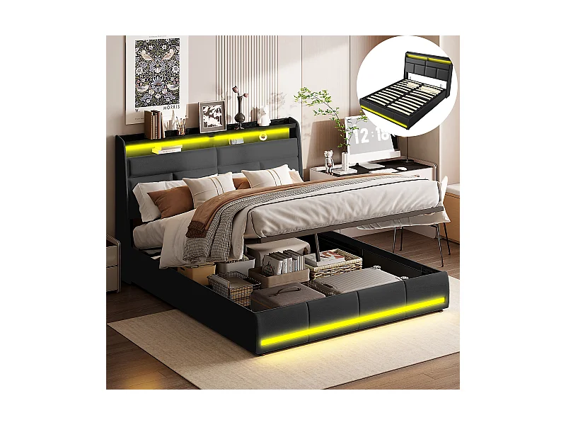 Lit Coffre 160x200, Lit Double avec Rangement, lit 160 x 200 cm avec Sommier LED et USB, Lits Rembourré Cadre de Lits avec à Lattes,PU sans Matelas, Noir