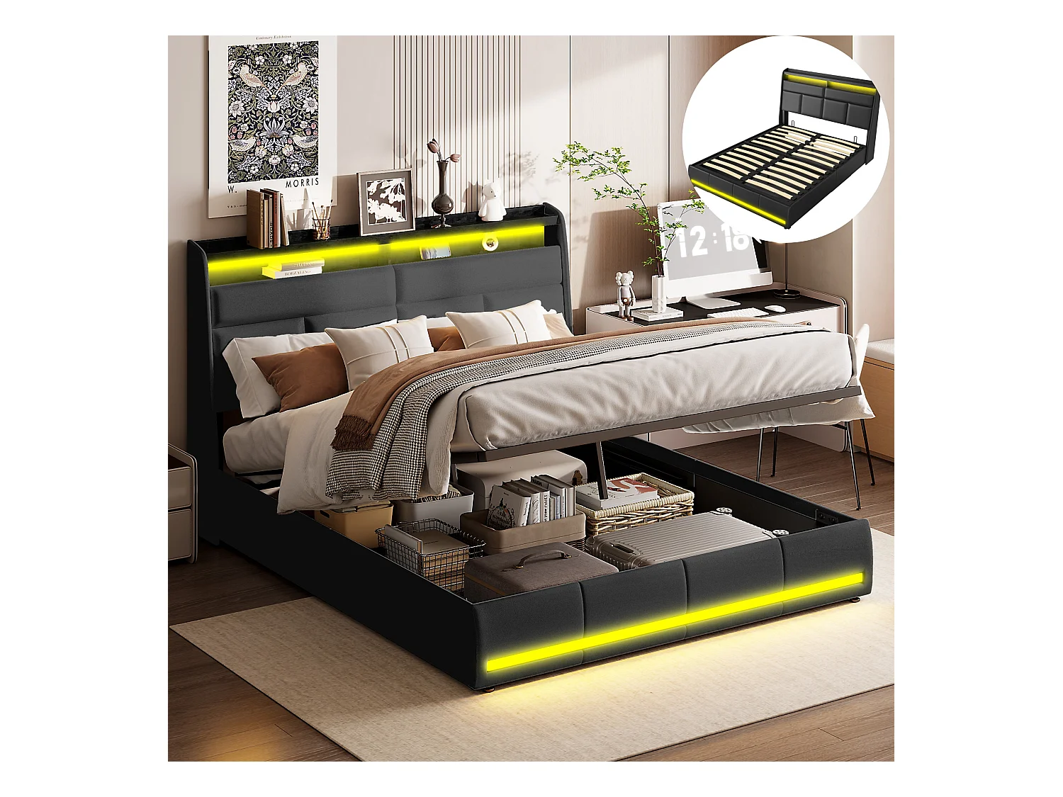 Lit Coffre 160x200, Lit Double avec Rangement, lit 160 x 200 cm avec Sommier LED et USB, Lits Rembourré Cadre de Lits avec à Lattes,PU sans Matelas, Noir