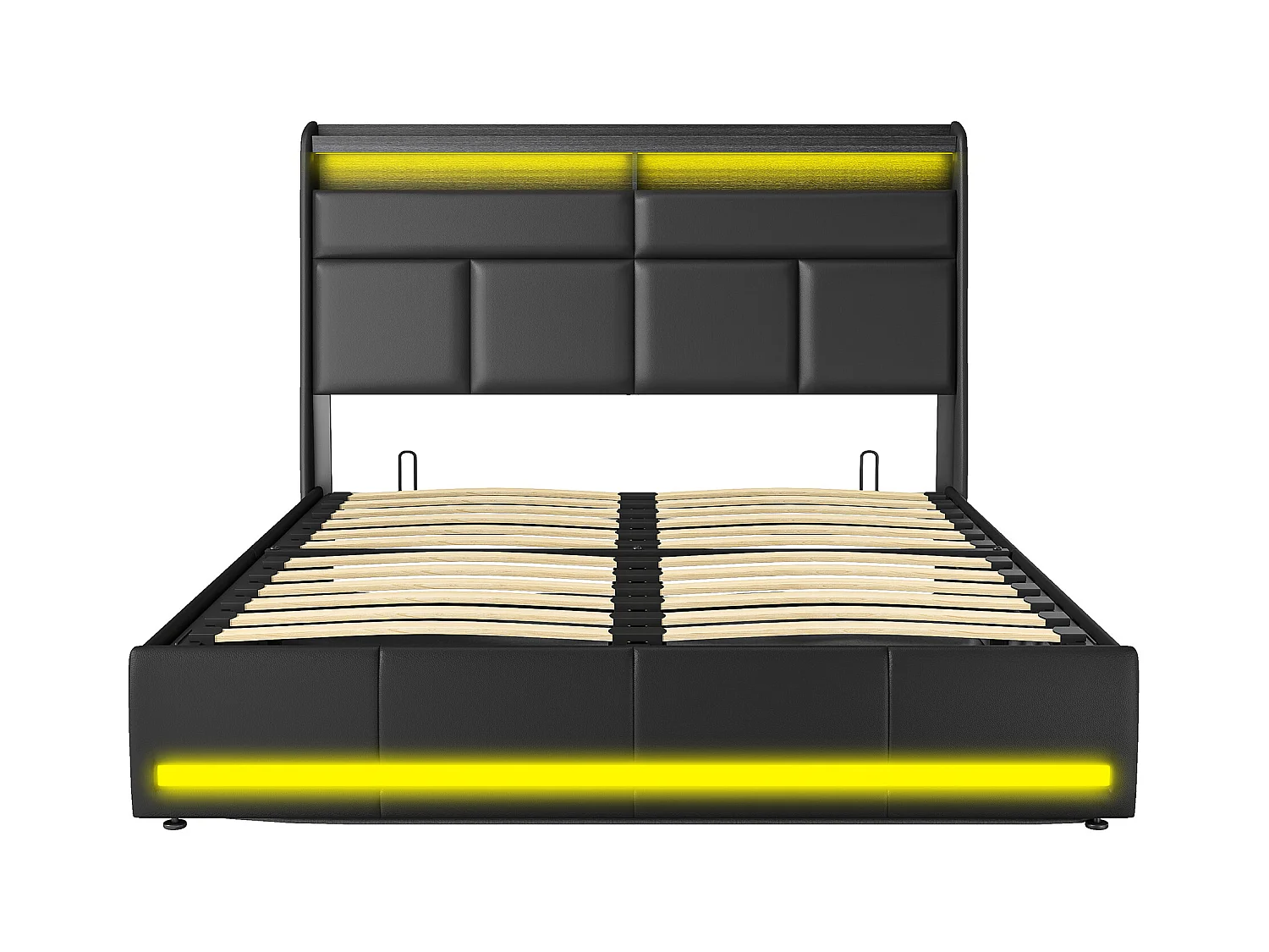 Lit Coffre 160x200, Lit Double avec Rangement, lit 160 x 200 cm avec Sommier LED et USB, Lits Rembourré Cadre de Lits avec à Lattes,PU sans Matelas, Noir