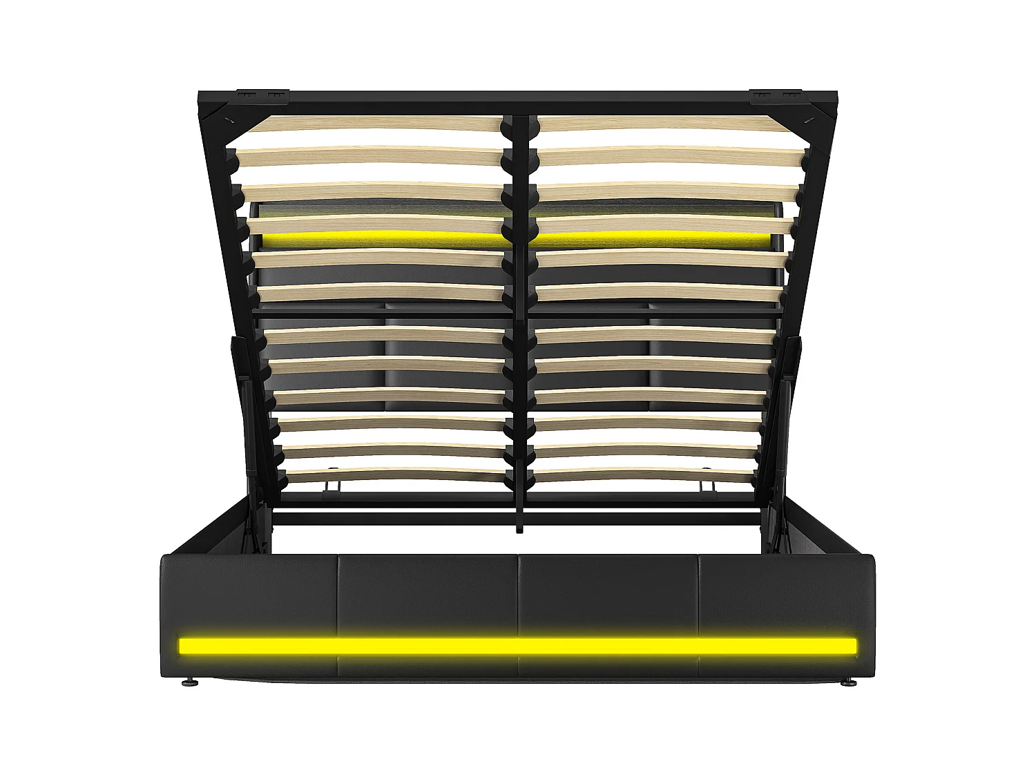 Lit Coffre 160x200, Lit Double avec Rangement, lit 160 x 200 cm avec Sommier LED et USB, Lits Rembourré Cadre de Lits avec à Lattes,PU sans Matelas, Noir