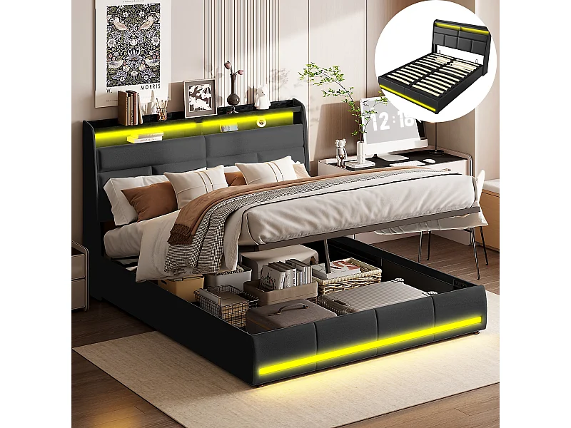 Lit Coffre 160x200 - avec LED et USB - PU - Noir - Lits Rembourré Cadre de Lits avec à Lattes - avec Rangement