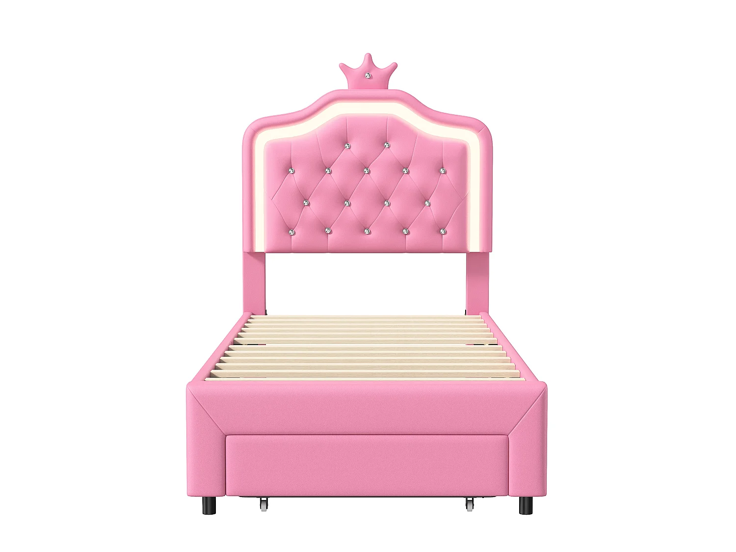 Kinderbed 90 x 200 cm - PU - LED-verlichting - met lades - Roze - Lattenbodem - Bedframe voor meisjes