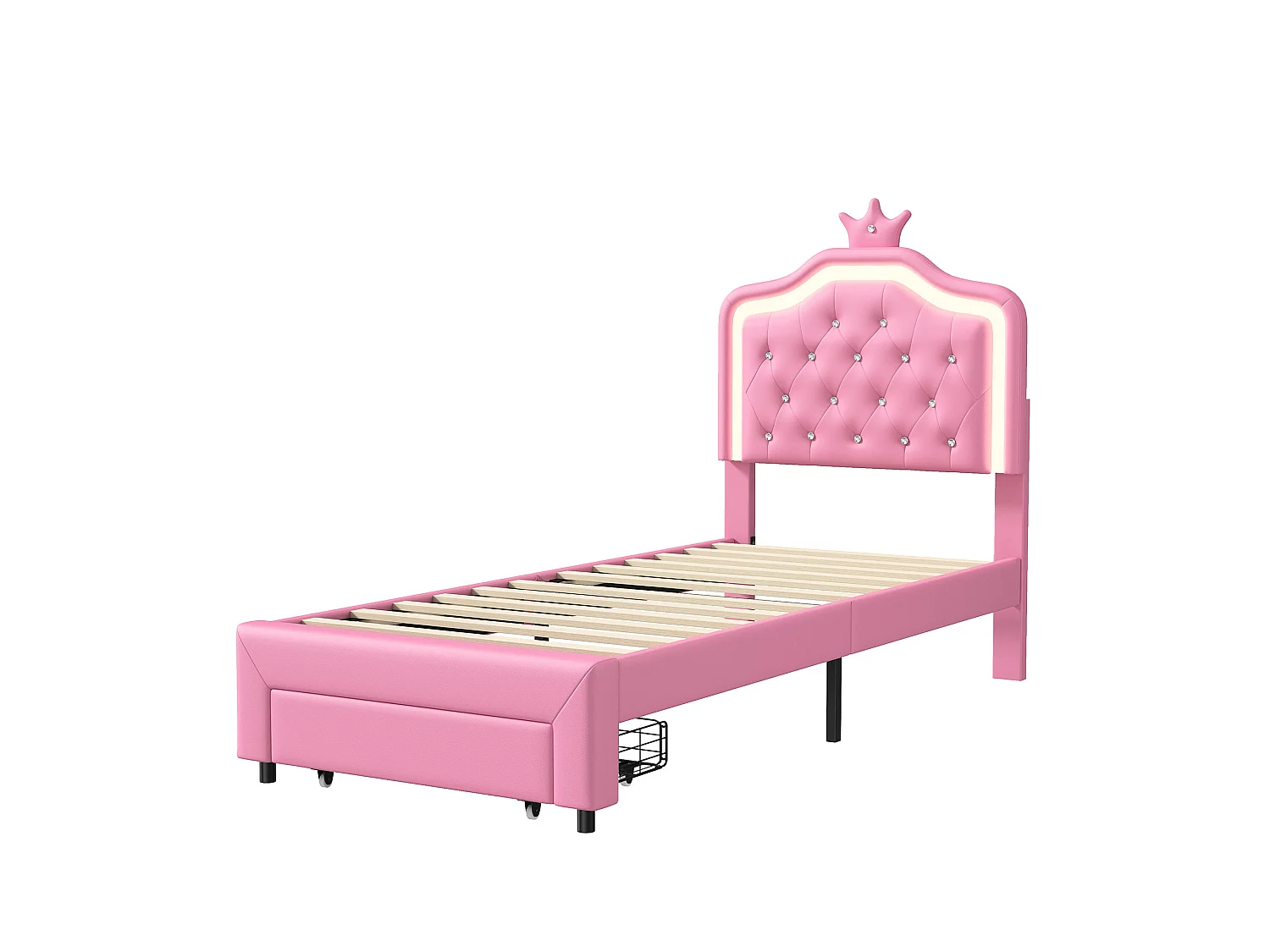 Kinderbed 90 x 200 cm - PU - LED-verlichting - met lades - Roze - Lattenbodem - Bedframe voor meisjes