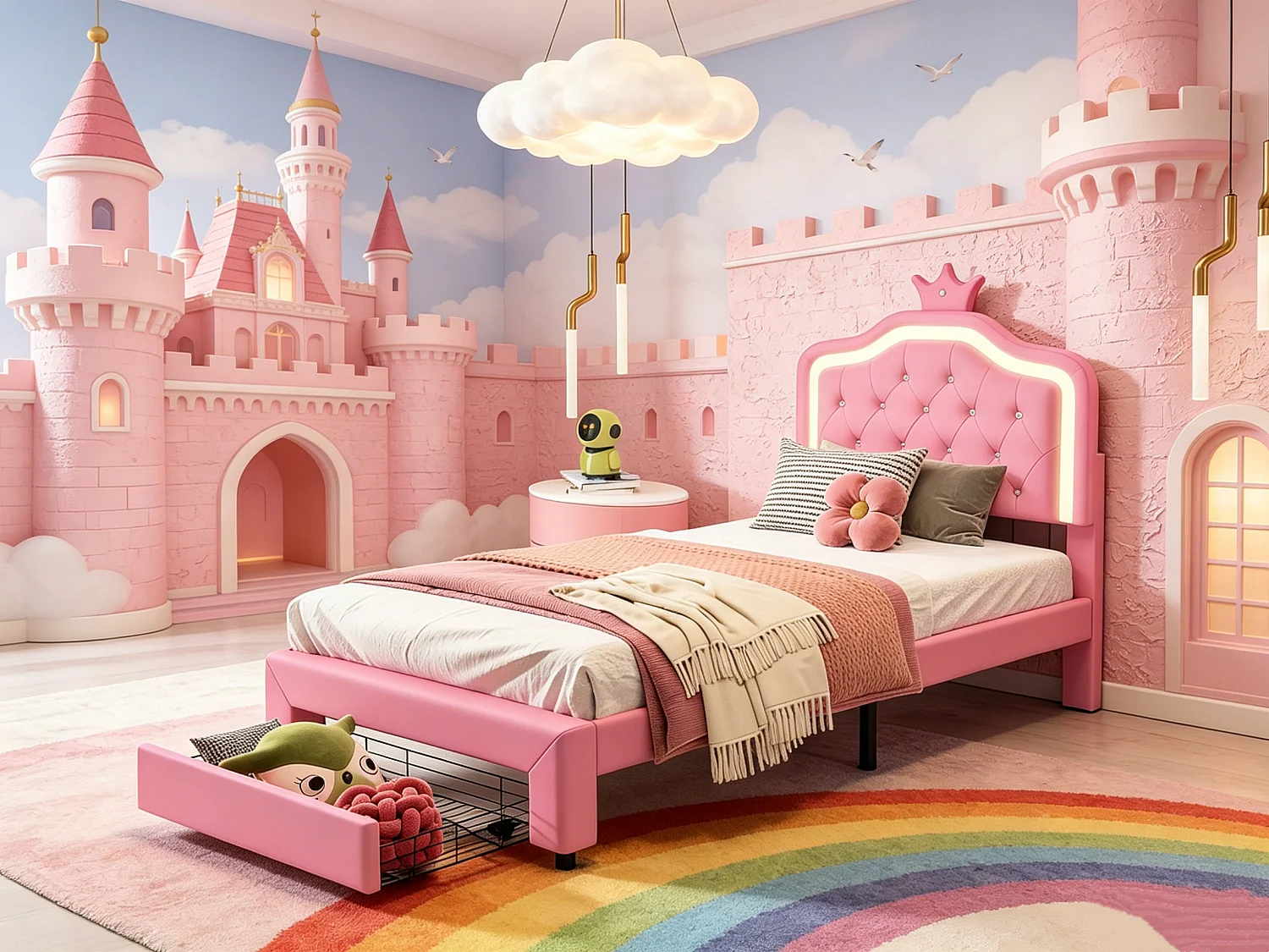 Kinderbed 90 x 200 cm - PU - LED-verlichting - met lades - Roze - Lattenbodem - Bedframe voor meisjes