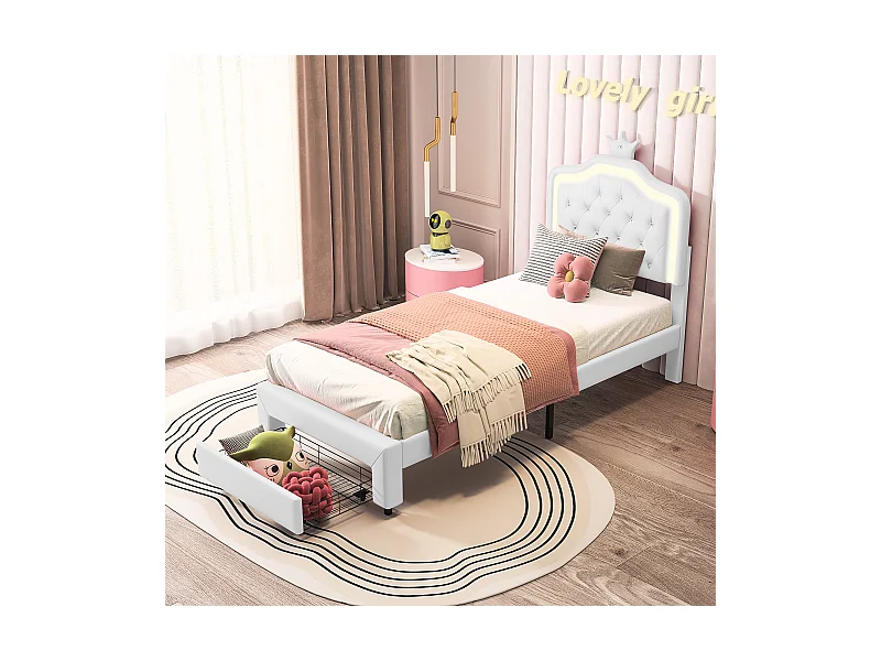 Lit Enfant Rembourré 90 X 200 cm Cadre de lit Pour Filles, Cadre de Lits Double en Cuir pu avec éClairage Led Bed en Bois avec Tiroirs avec Sommier à Lattes-Beige