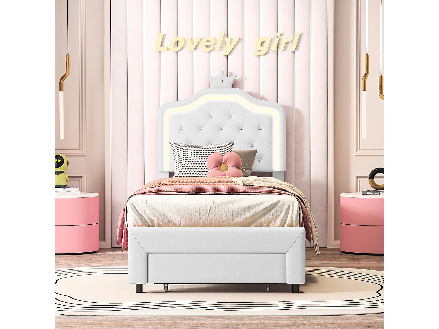 Lit Enfant Rembourré 90 X 200 cm Cadre de lit Pour Filles, Cadre de Lits Double en Cuir pu avec éClairage Led Bed en Bois avec Tiroirs avec Sommier à Lattes-Beige