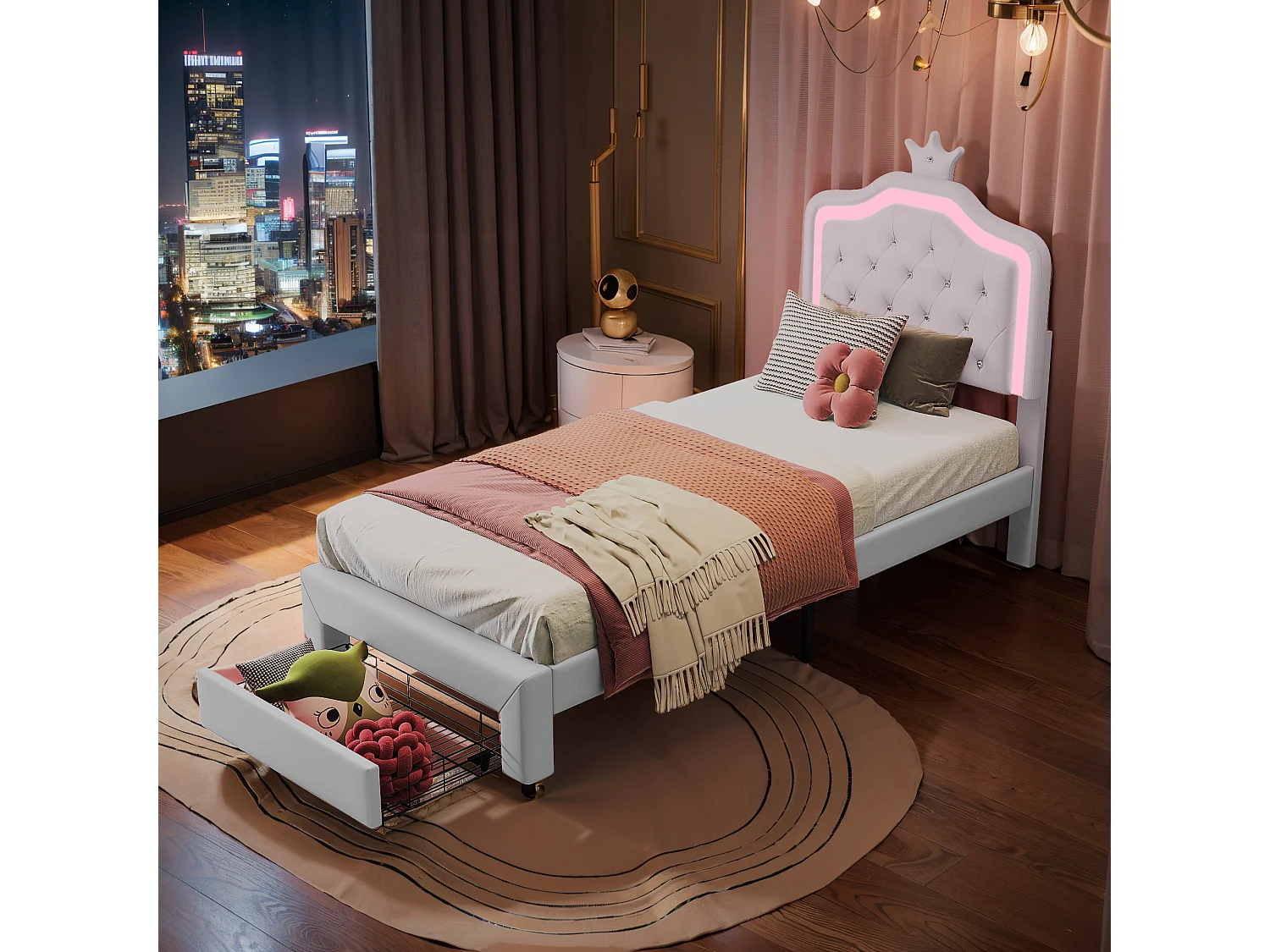 Lit Enfant Rembourré 90 X 200 cm Cadre de lit Pour Filles, Cadre de Lits Double en Cuir pu avec éClairage Led Bed en Bois avec Tiroirs avec Sommier à Lattes-Beige