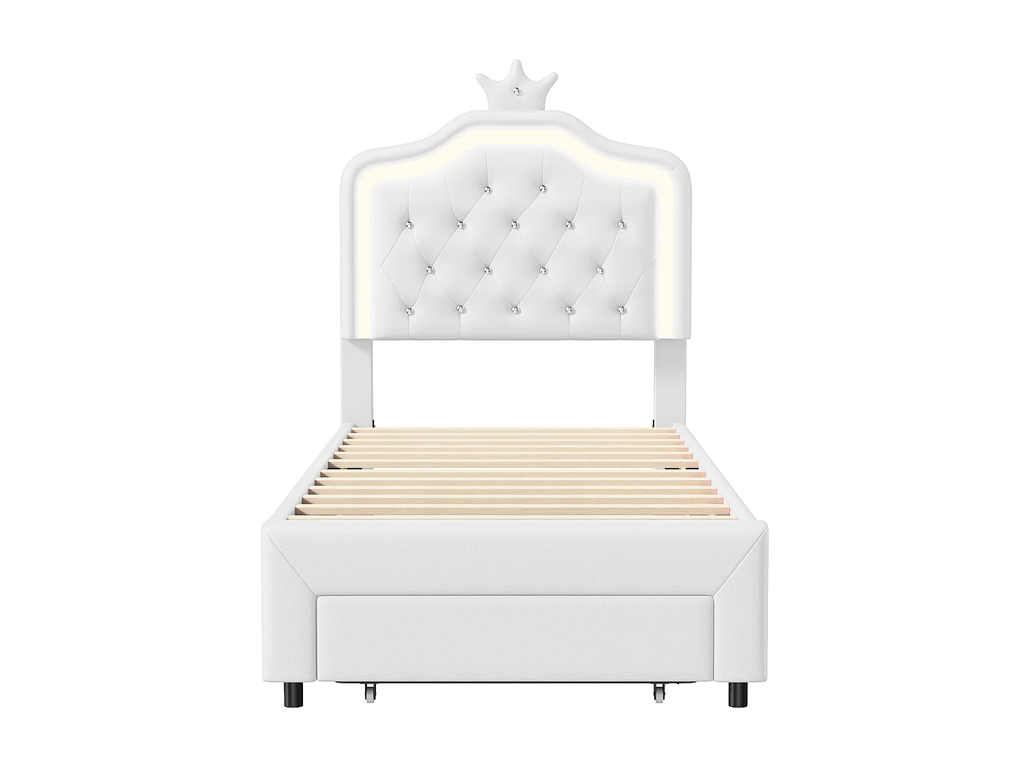 Lit Enfant Rembourré 90 X 200 cm Cadre de lit Pour Filles, Cadre de Lits en Cuir pu avec éClairage Led Bed en Bois avec Tiroirs avec Sommier à Lattes-Beige