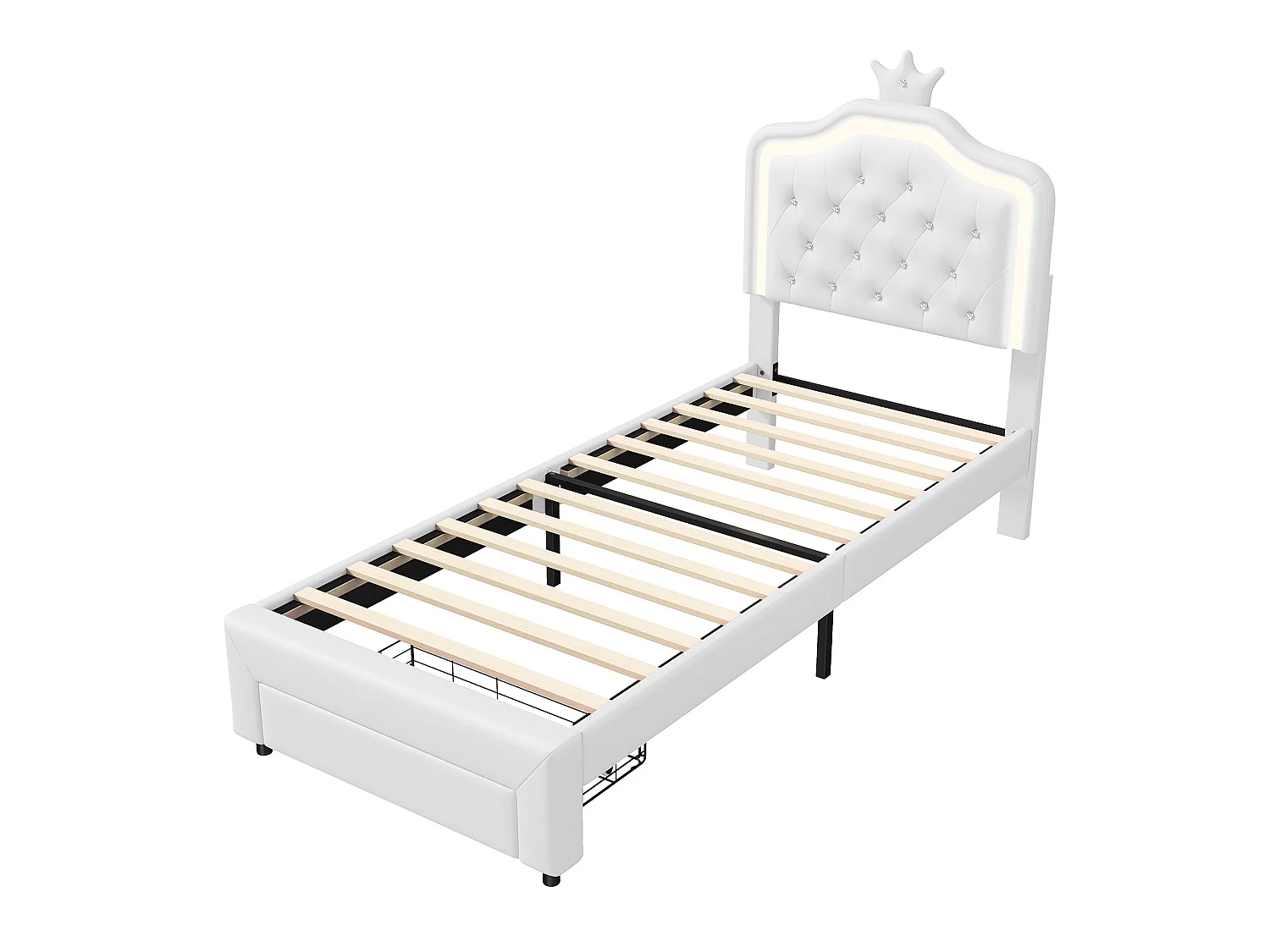 Lit Enfant Rembourré 90 X 200 cm Cadre de lit Pour Filles, Cadre de Lits en Cuir pu avec éClairage Led Bed en Bois avec Tiroirs avec Sommier à Lattes-Beige
