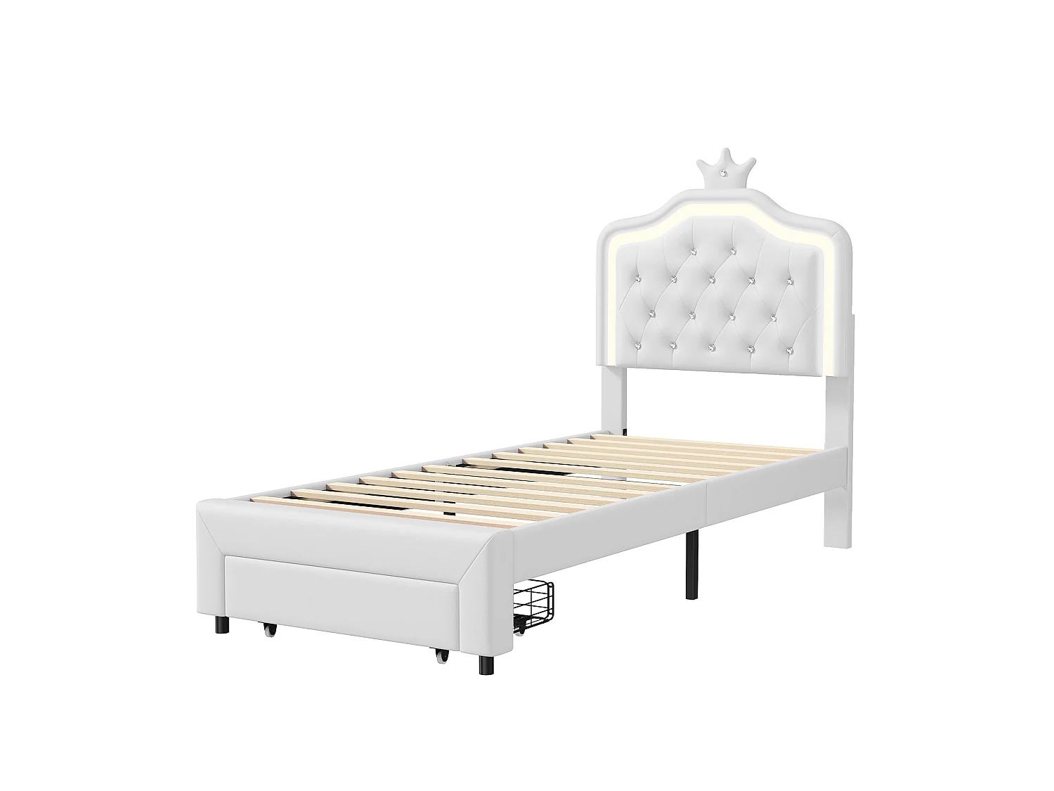 Lit Enfant Rembourré 90 X 200 cm Cadre de lit Pour Filles, Cadre de Lits en Cuir pu avec éClairage Led Bed en Bois avec Tiroirs avec Sommier à Lattes-Beige